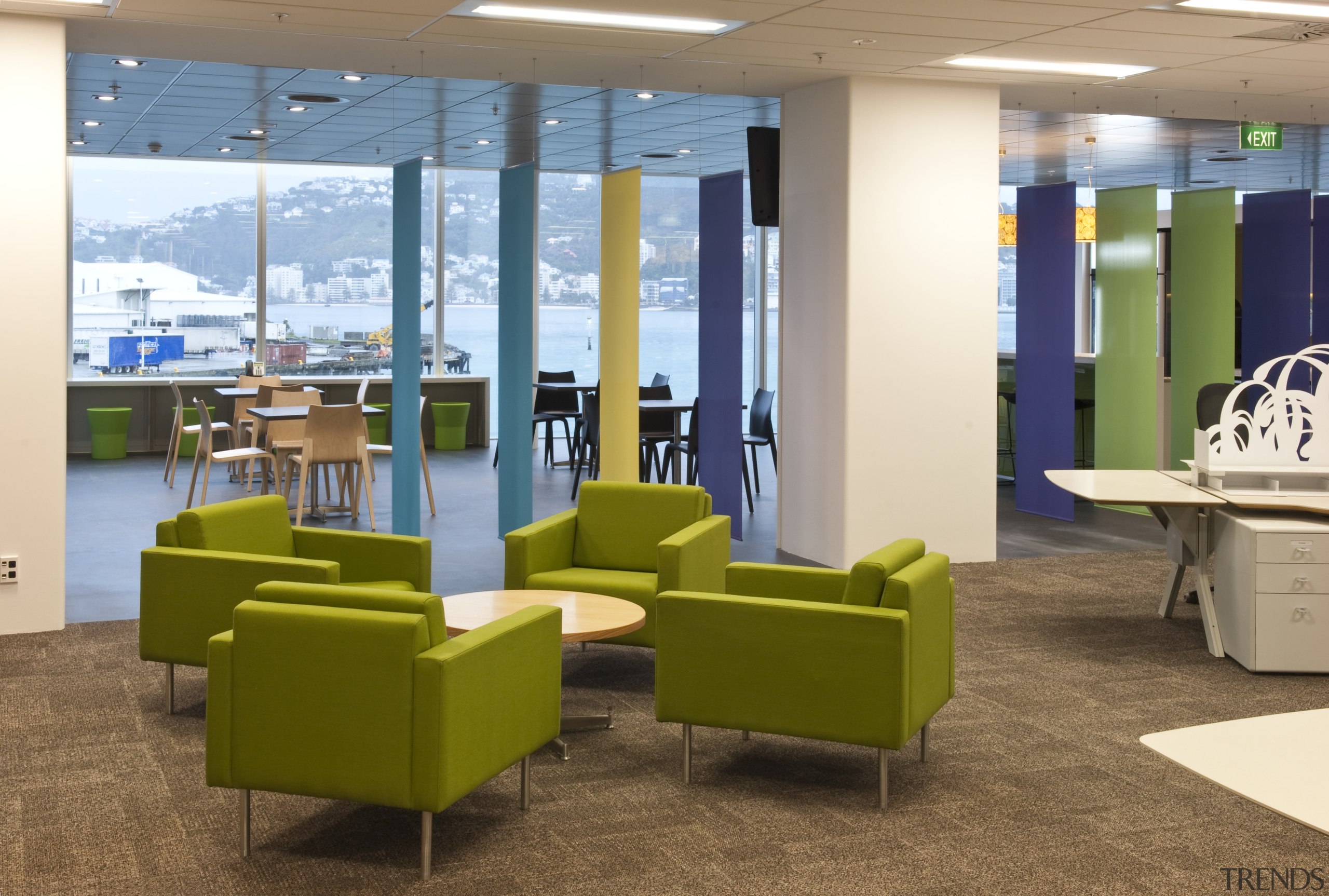 View of the atrium of the new BNZ furniture, institution, interior design, lobby, office, brown