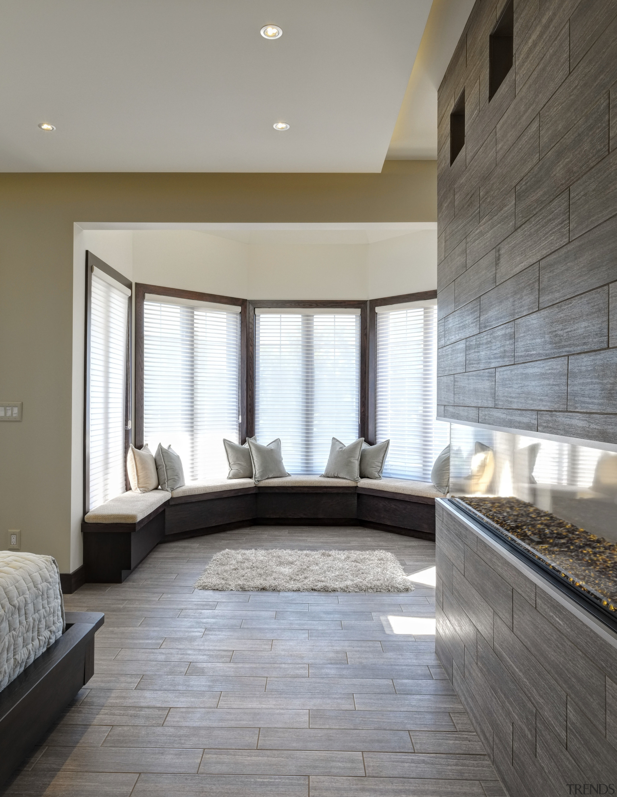 New window seats in the bay window aprovide architecture, ceiling, daylighting, estate, floor, flooring, hardwood, home, interior design, laminate flooring, living room, real estate, room, tile, wall, window, wood flooring, gray