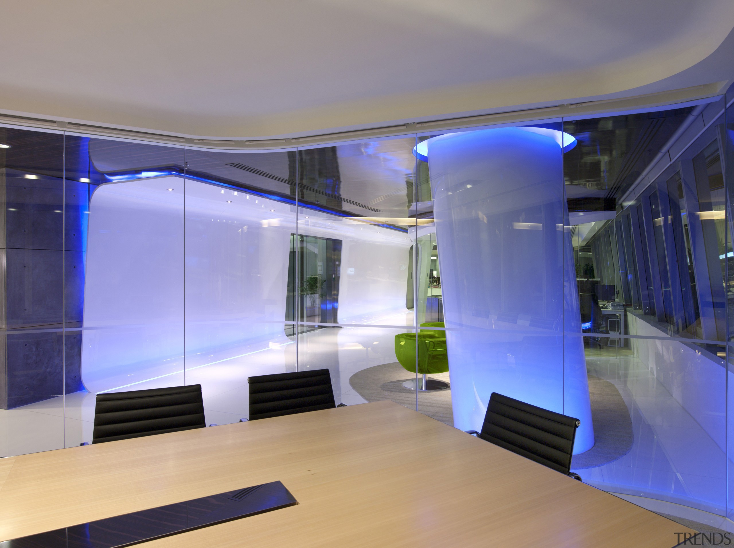 Here is the Maybank Tower in Singapore which architecture, ceiling, interior design, lighting, blue, gray