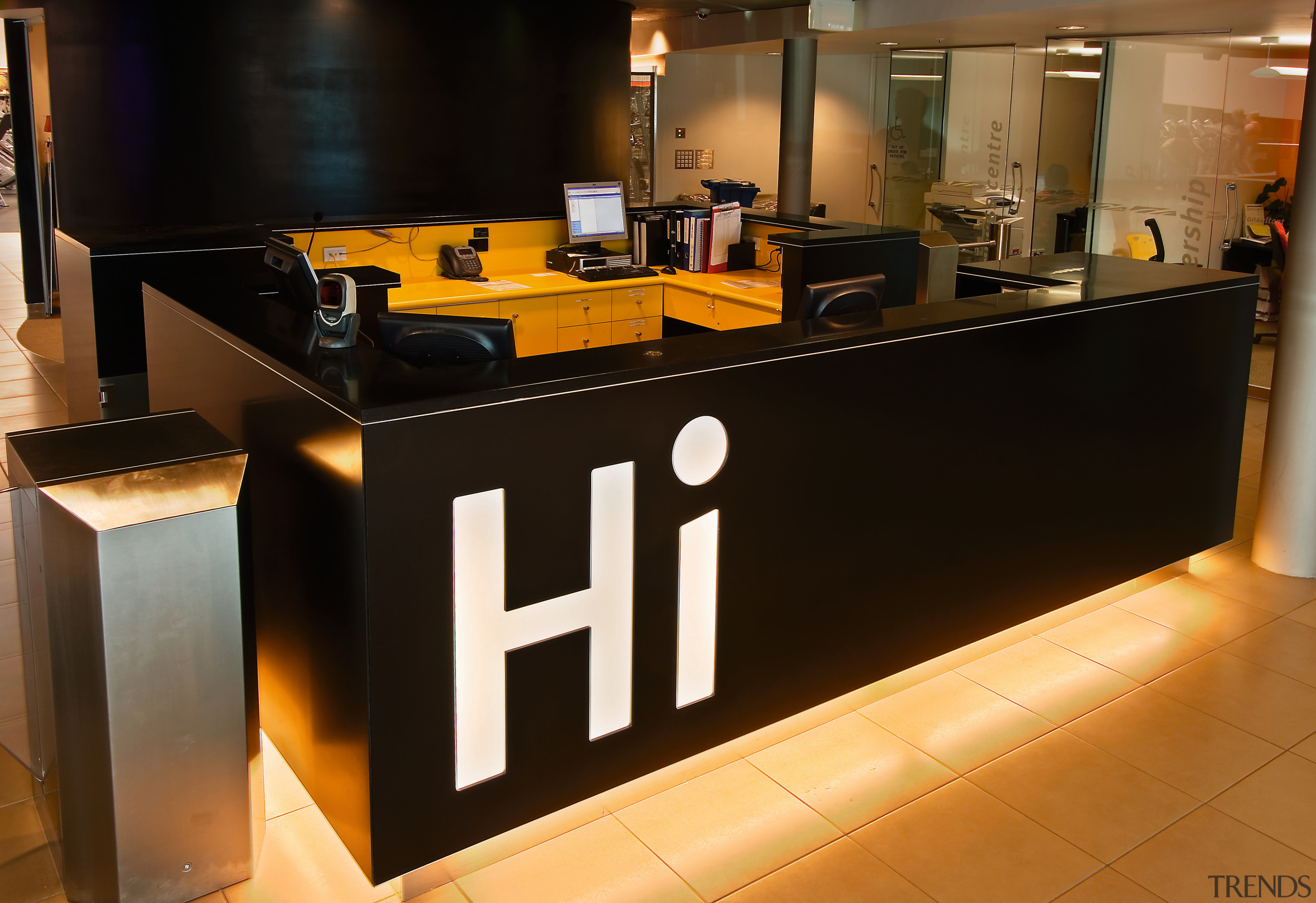 view of the reception desk area with large furniture, interior design, table, black, brown