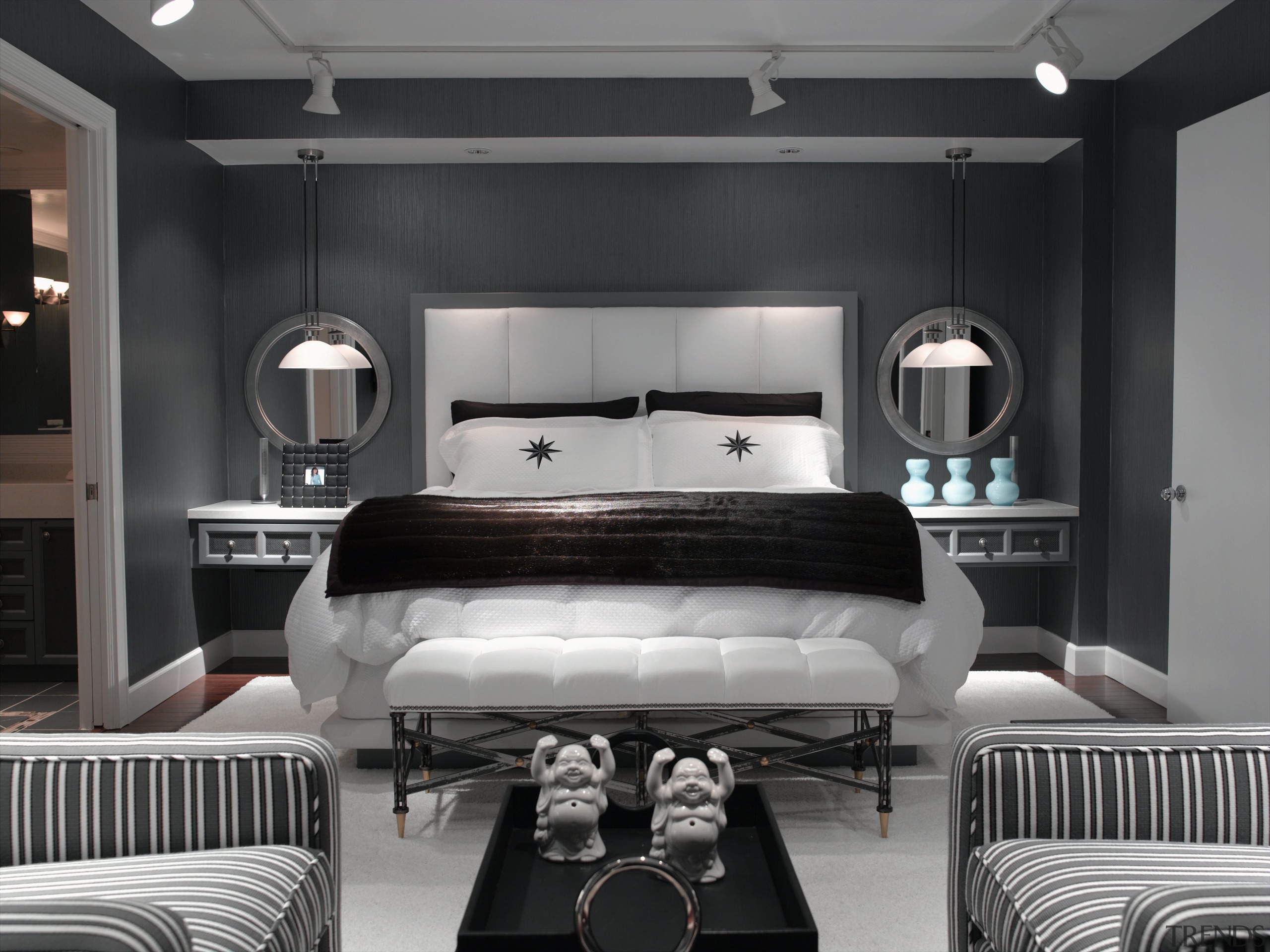 view of the colourless master bedroom featuring vinyl bed frame, bedroom, ceiling, furniture, interior design, room, wall, black, gray