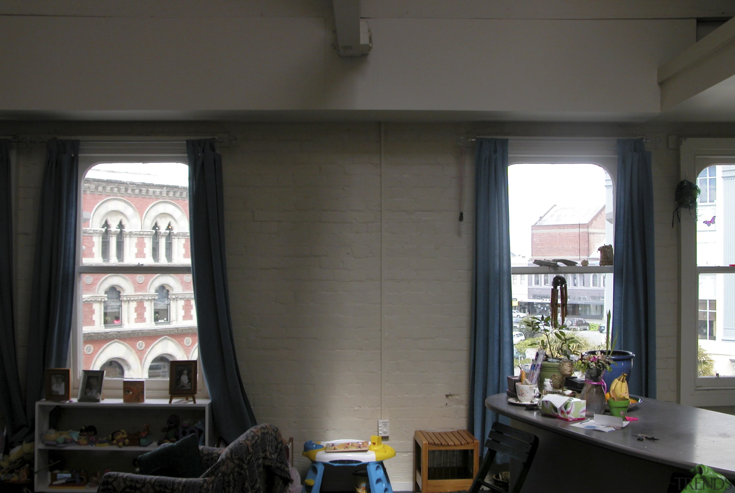 View of the loft before renovation. - View door, home, house, interior design, room, window, window covering, window treatment, black, gray