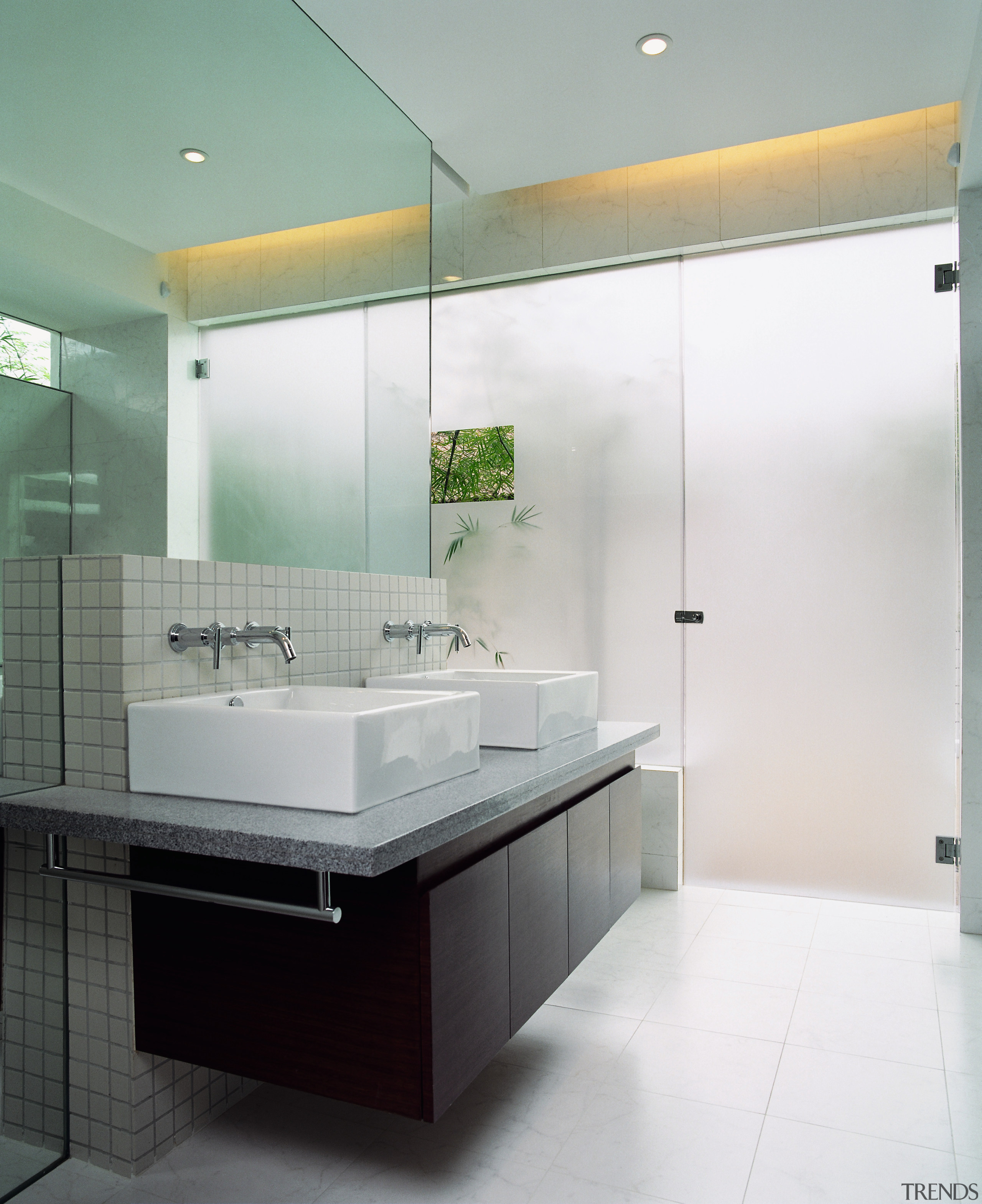 view of the bathroom showing double vanity and architecture, bathroom, ceiling, countertop, floor, glass, interior design, product design, room, sink, gray, white