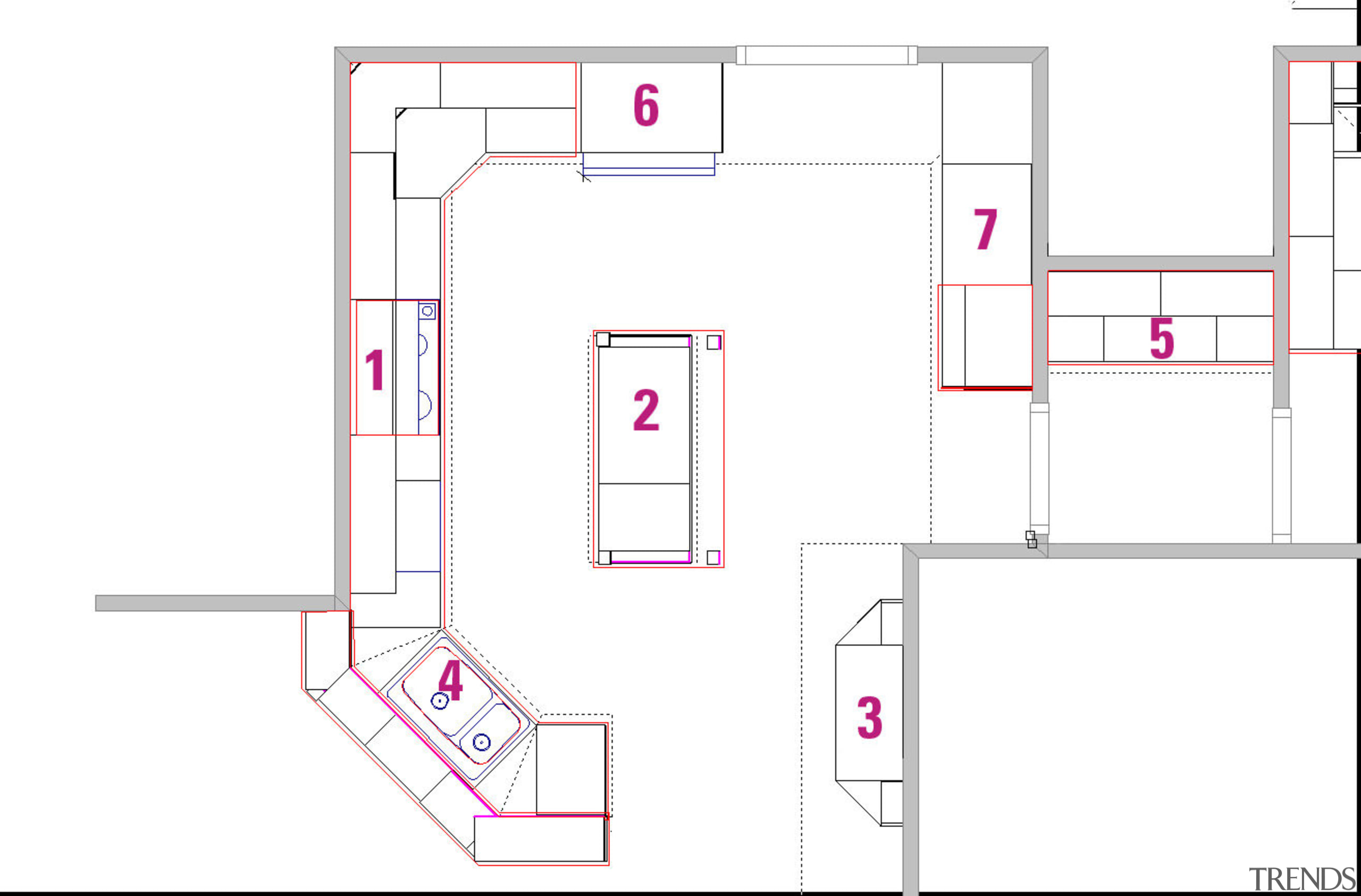 A vie wof a plan of a kitchen angle, area, design, diagram, drawing, floor plan, line, plan, product, product design, structure, text, white