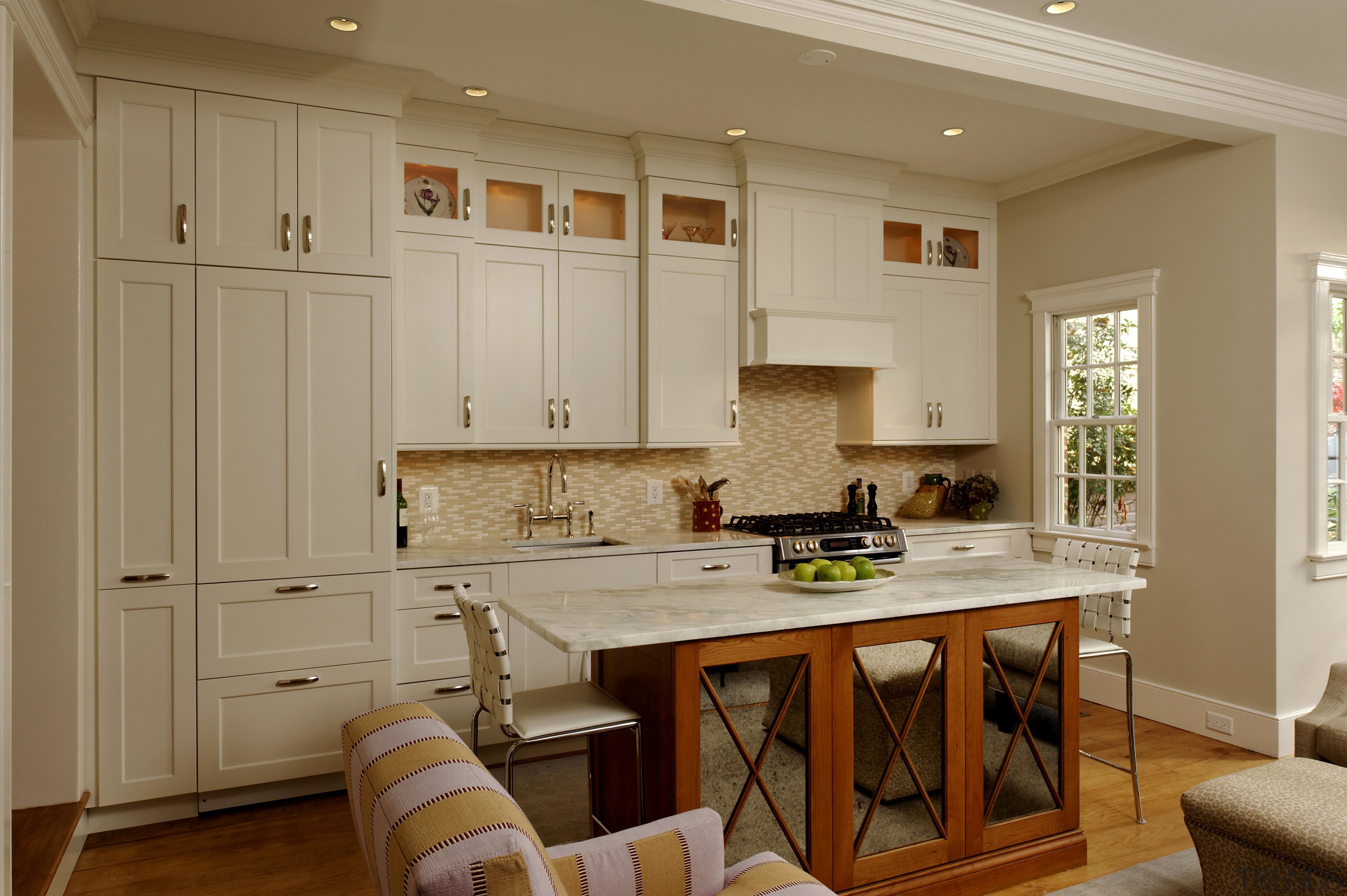 In this new kitchen in an 1880s home, cabinetry, countertop, cuisine classique, hardwood, home, interior design, kitchen, room, window, wood flooring, brown, orange