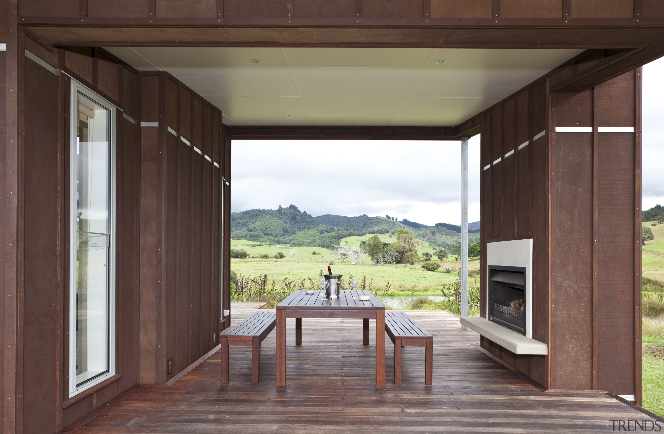 Timber outdoor dining fireplace - Timber outdoor dining architecture, estate, home, house, interior design, real estate, window, wood, red