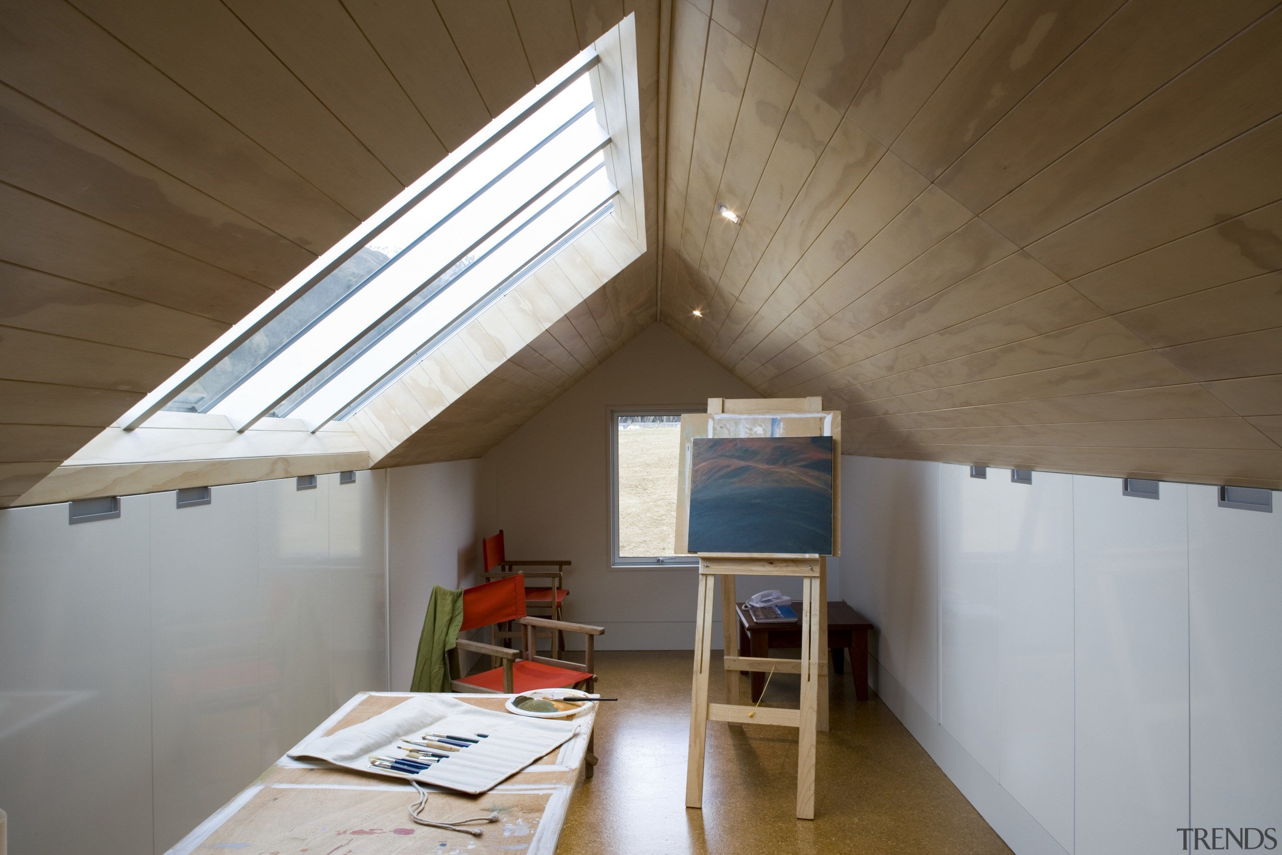 The loft studio was an area that was architecture, attic, ceiling, daylighting, floor, home, house, interior design, loft, real estate, roof, room, wood, brown, gray