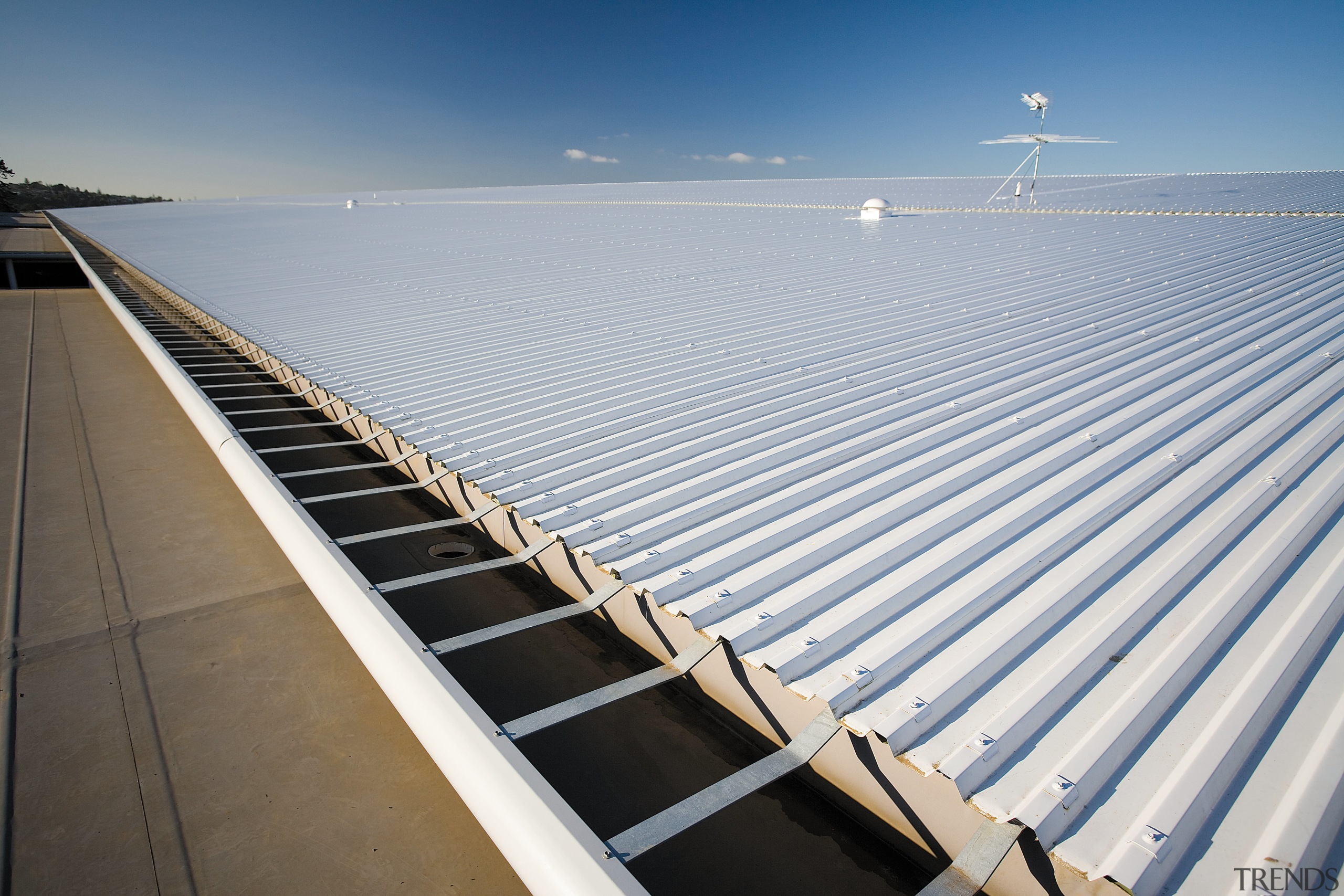 A view of the Dimond roofing. - A daylighting, energy, fixed link, line, roof, sea, sky, structure, sunlight, water, gray