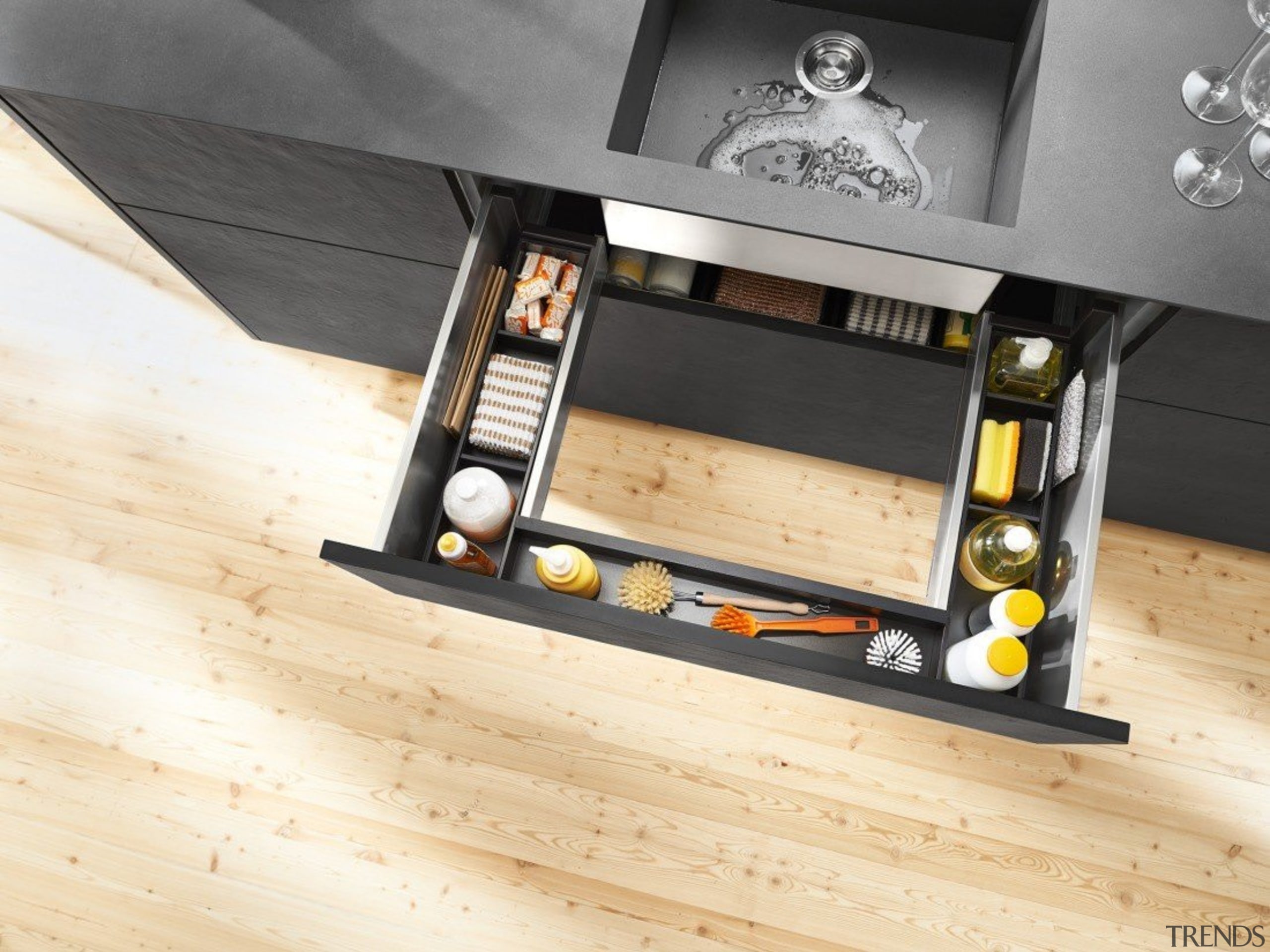 AMBIA-LINE inner dividing system – organization at its floor, flooring, furniture, product design, wood, orange