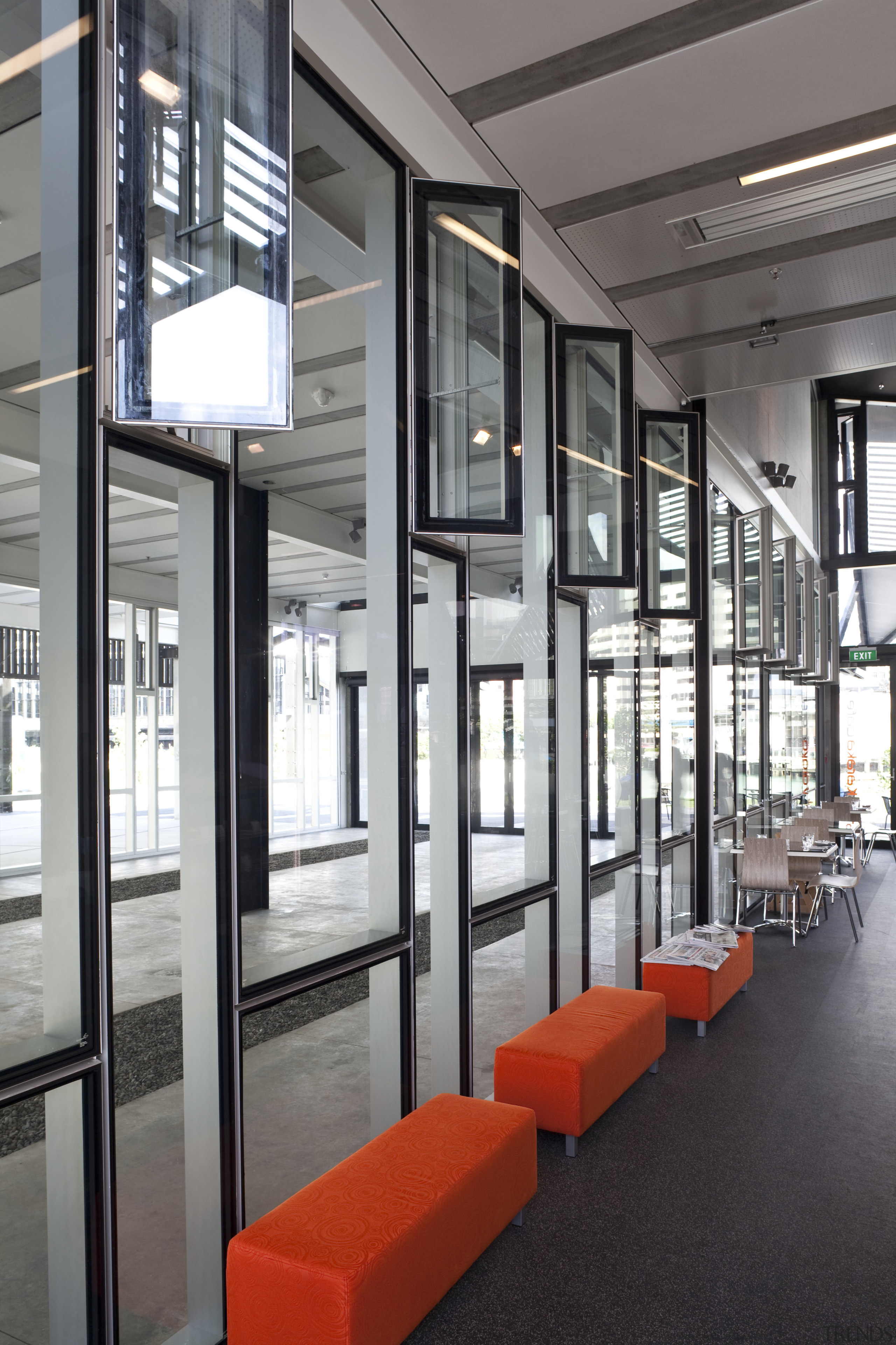 View of the aluminium joinery and window winding building, glass, institution, interior design, lobby, window, gray, black