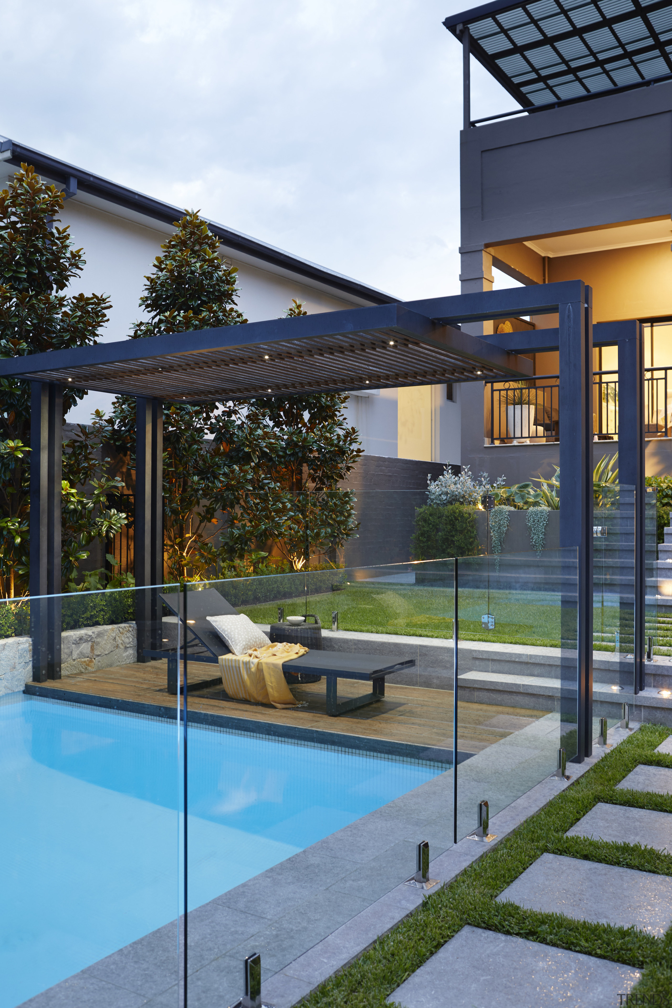 Pool detail showing balustrade and metal arbours. 