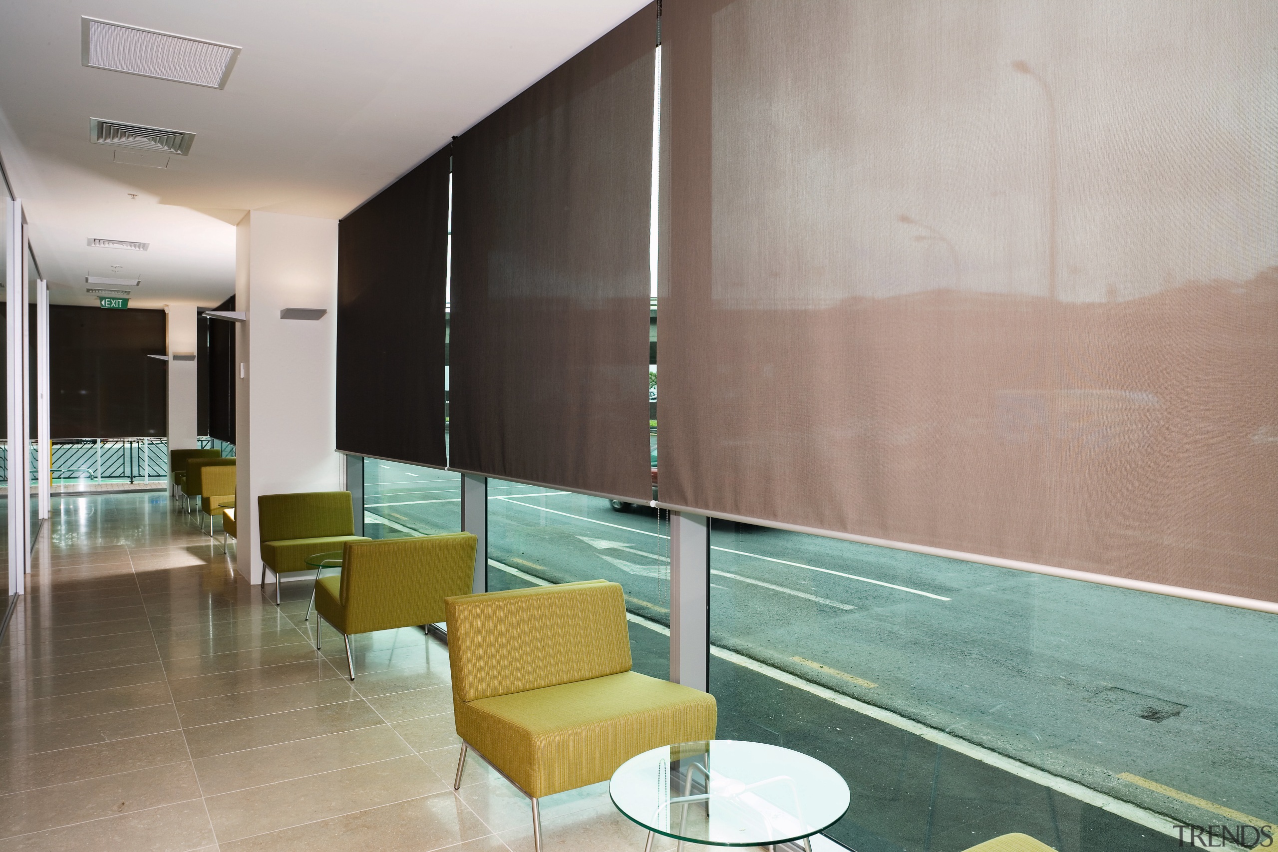 view of the hallway/casual area featuring Luxaflex Suncreens architecture, ceiling, floor, flooring, interior design, lobby, real estate, wall, gray