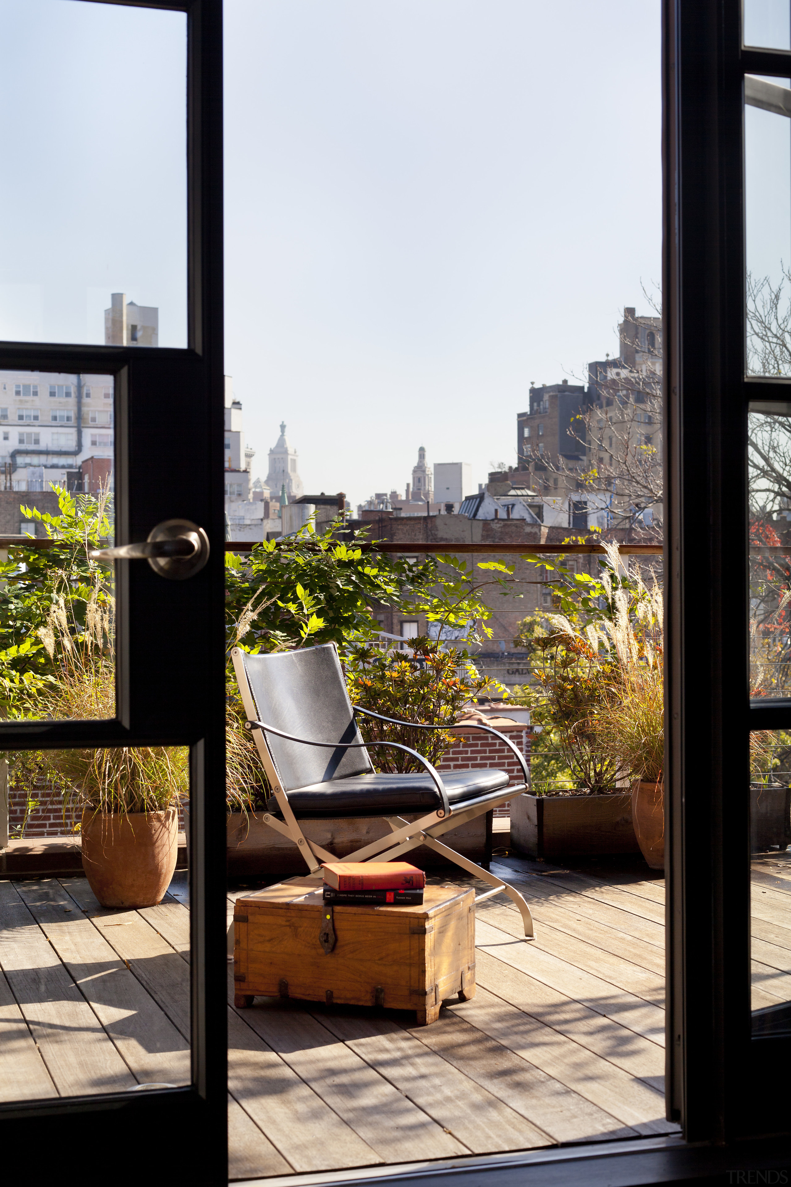 Rooftop garden of Manhattan townhouse remodel - Rooftop apartment, architecture, balcony, furniture, home, house, outdoor structure, roof, tree, window, white, black