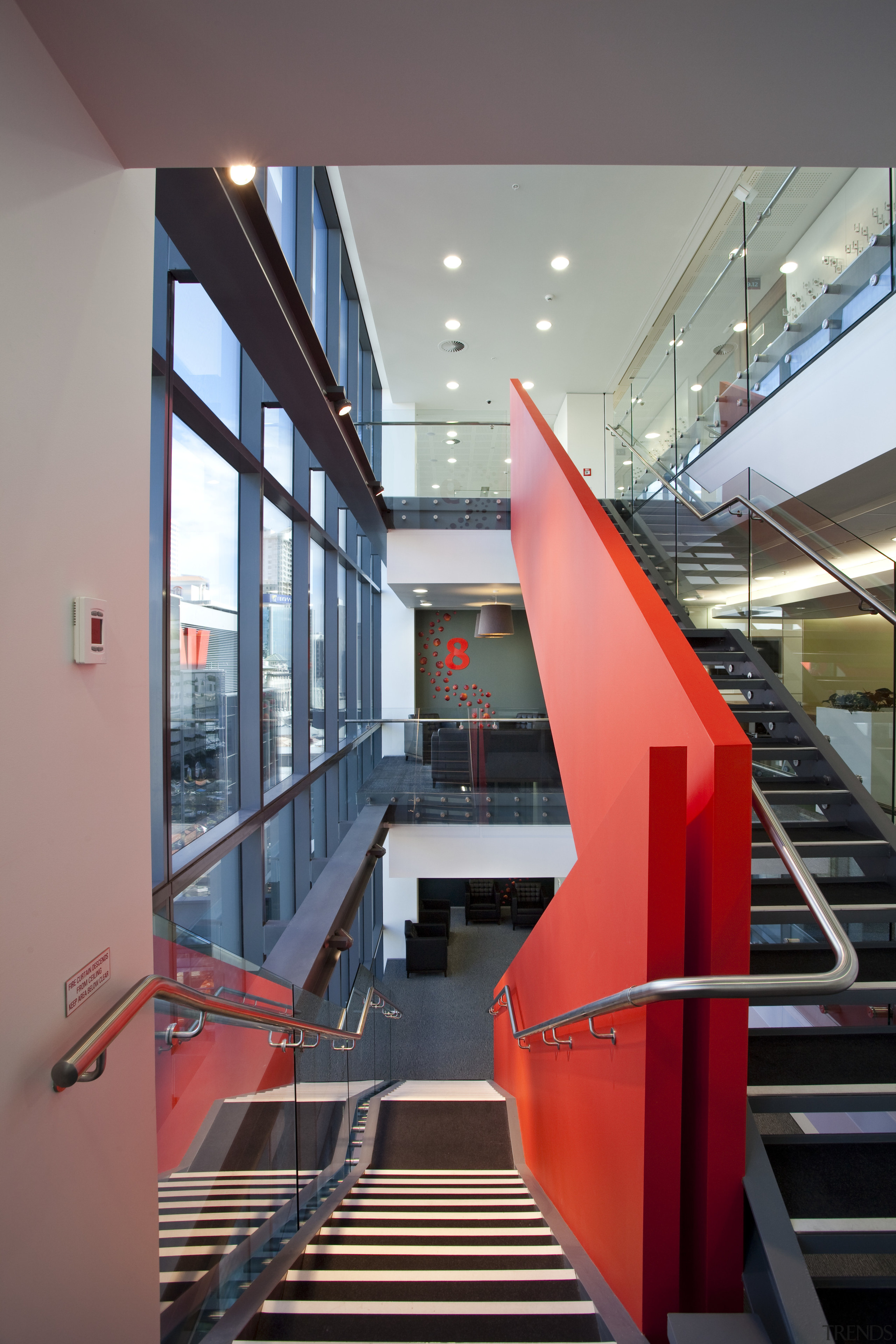 View of the Westpac head office at the architecture, building, daylighting, glass, handrail, house, interior design, stairs, structure, gray