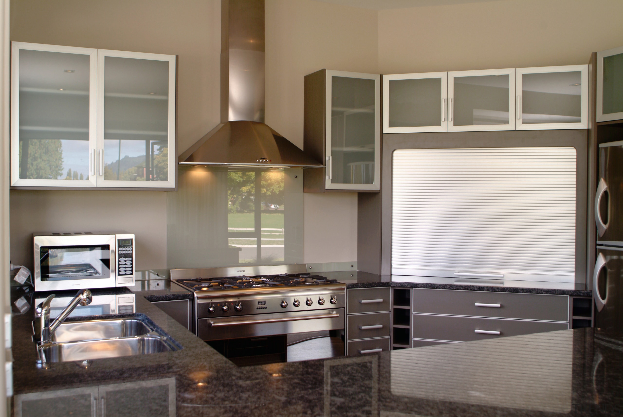 Kitchen with brown grey cabinetry and benchtop. - cabinetry, countertop, cuisine classique, interior design, kitchen, room, gray, brown