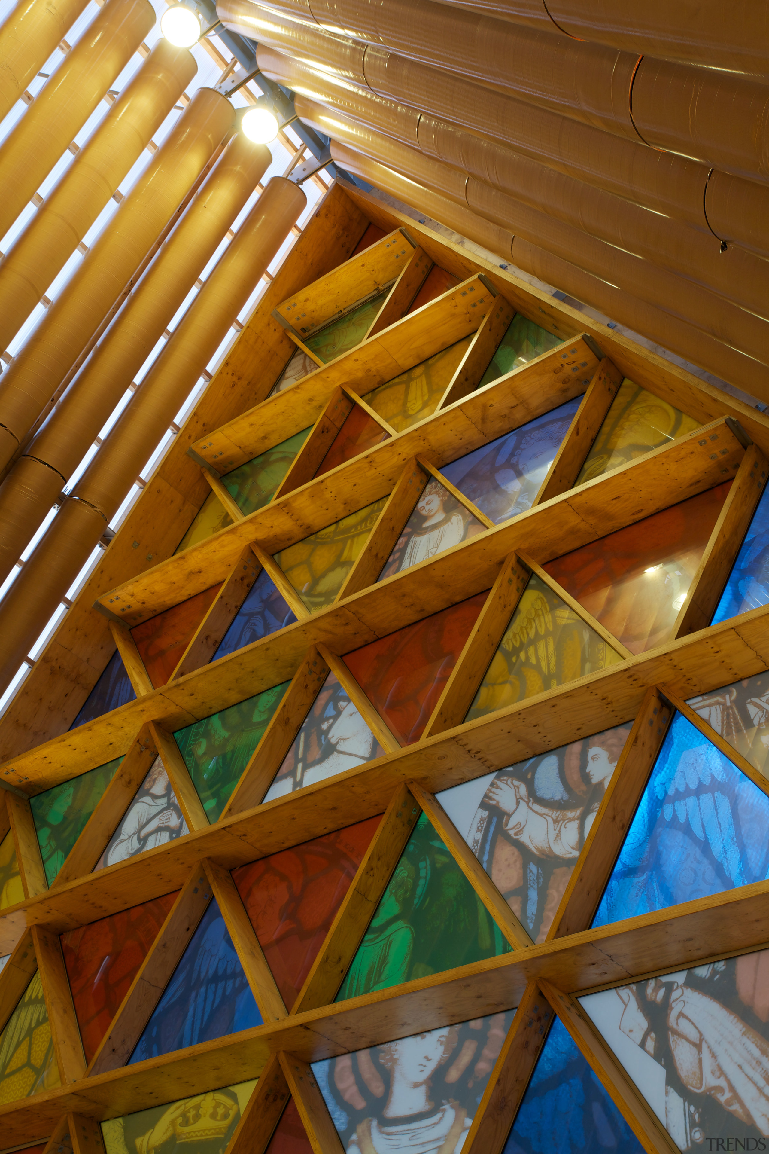 HySpan LVL timber from CHH Woodproducts features in angle, architecture, beam, daylighting, line, roof, structure, symmetry, wood, yellow, brown