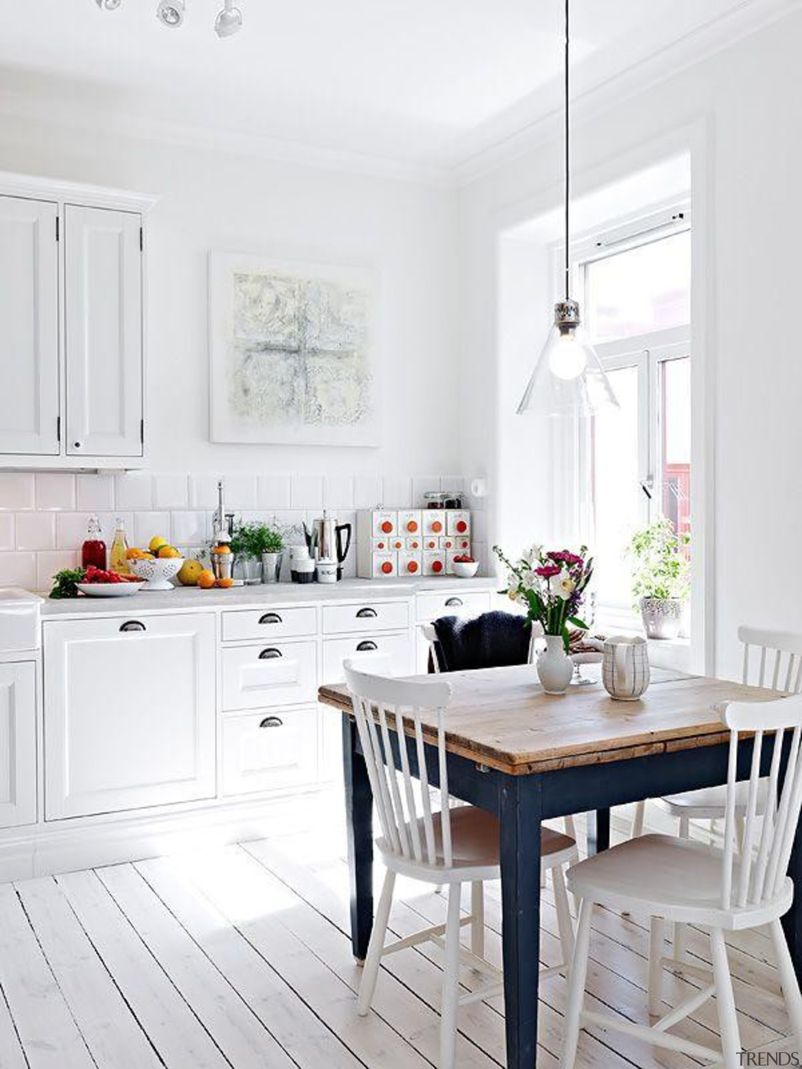 All White Kitchen Design - Industrial meets country cuisine classique, dining room, floor, furniture, home, interior design, kitchen, living room, room, table, window, white