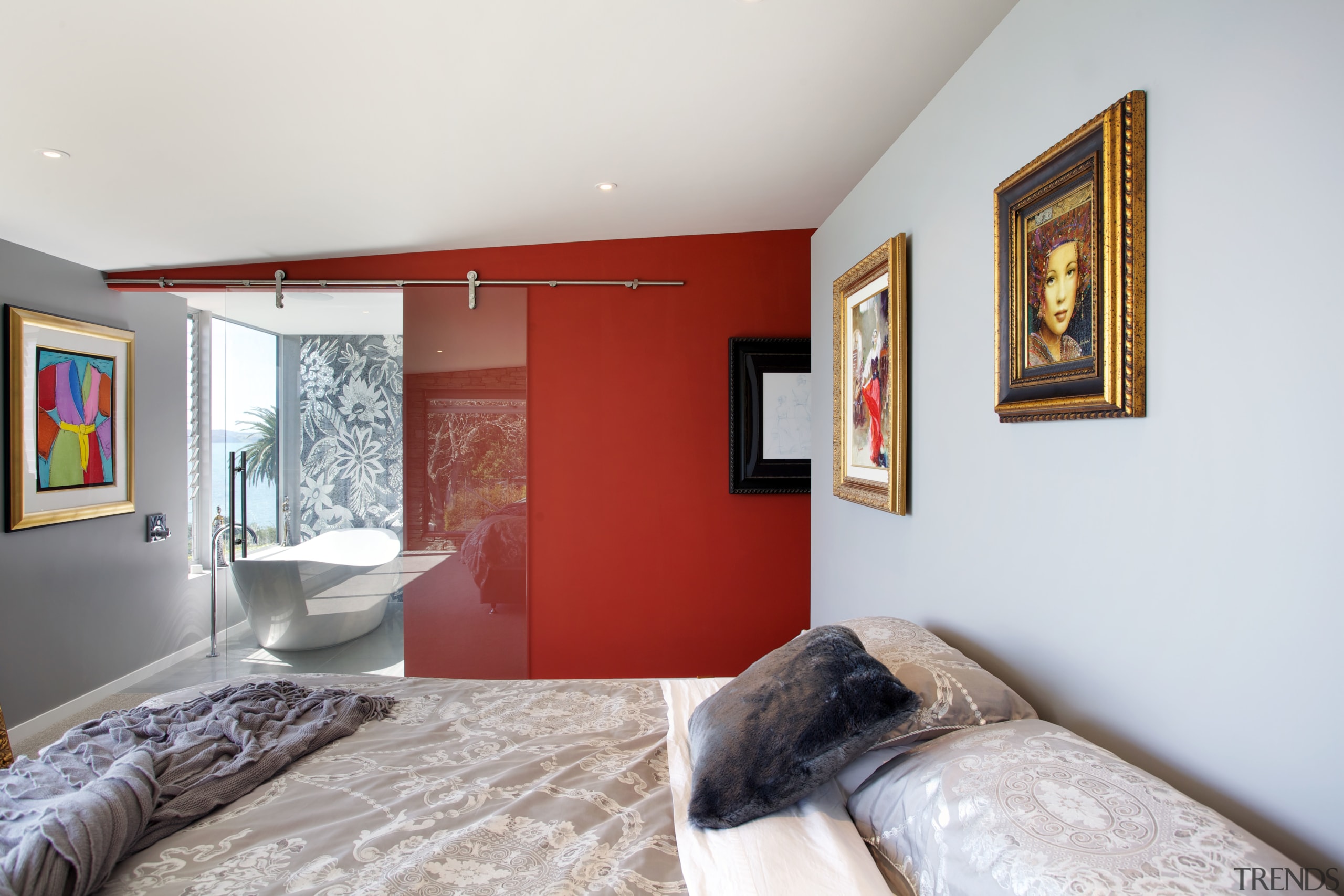 In this master suite, a dramatic accent wall bedroom, ceiling, home, house, interior design, real estate, room, white