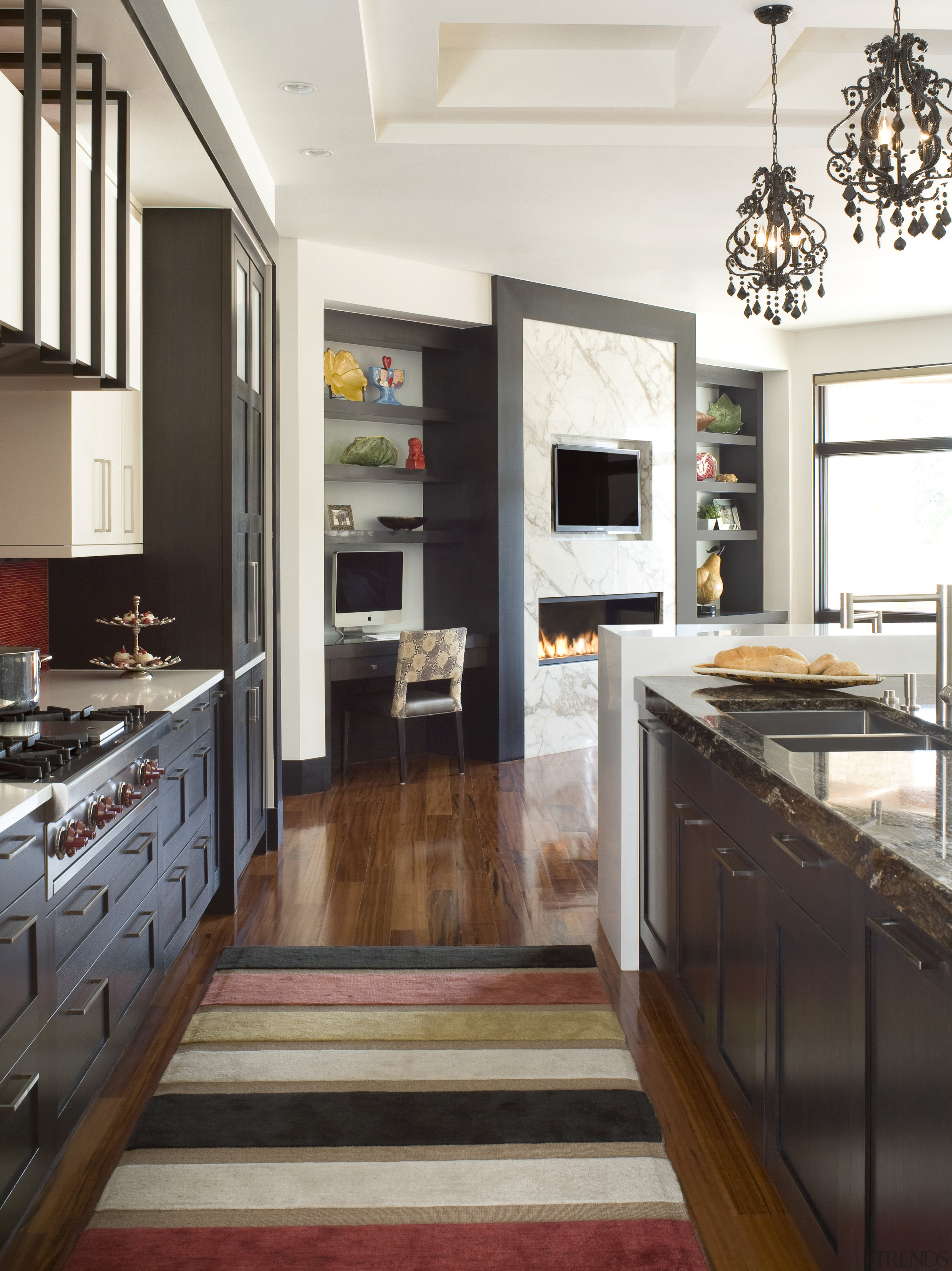 Ebonized wood, back-painted glass and two-pack lacquer are cabinetry, countertop, cuisine classique, floor, interior design, kitchen, wood flooring, white, black