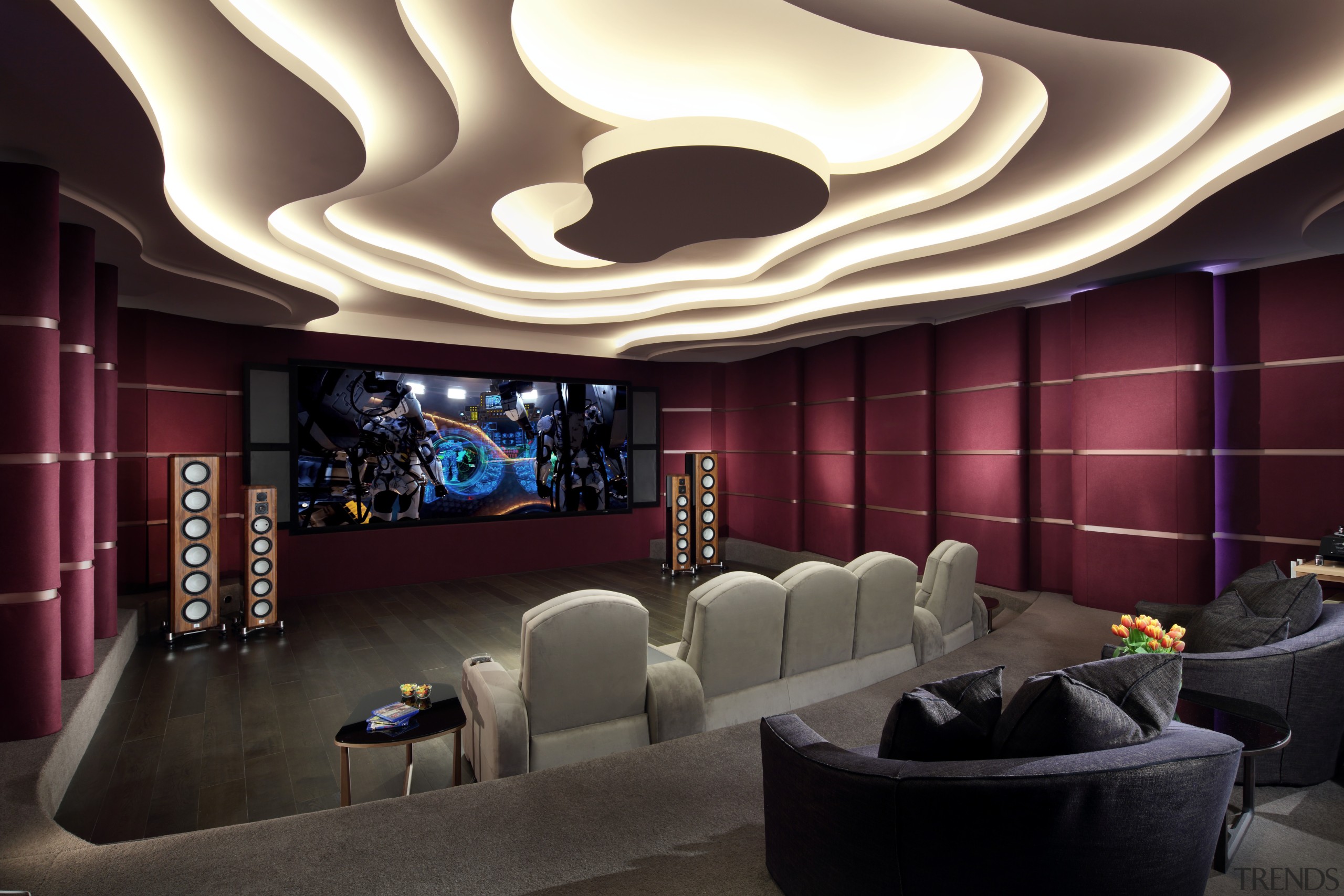 In tune with its surroundings  this basement ceiling, function hall, interior design, lighting, lobby, room, wall, red, black