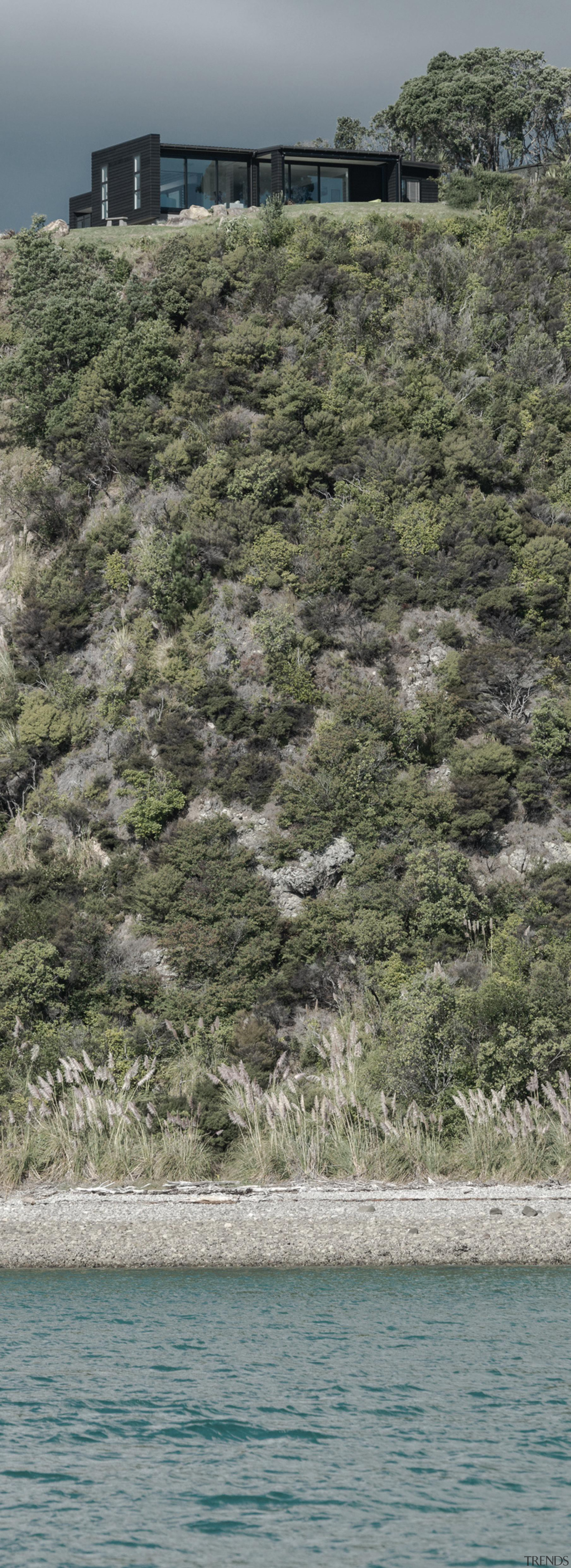 ADNZ Waikato Region Award Winner for Addition and bay, coast, coastal and oceanic landforms, inlet, ocean, plant community, promontory, sea, shore, sky, terrain, tree, water, water resources, waterway, gray