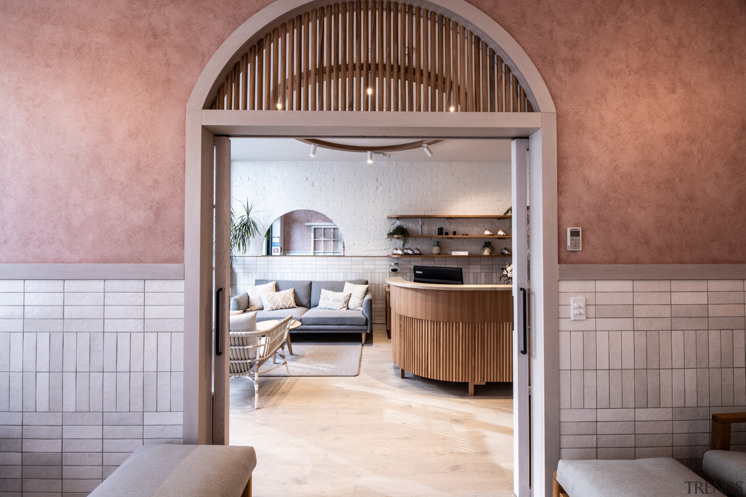 Natural light drenches the Moss Spa lobby and arch, architecture, building, ceiling, floor, flooring, furniture, home, house, interior design, living room, loft, property, real estate, room, tile, wall, wood, gray