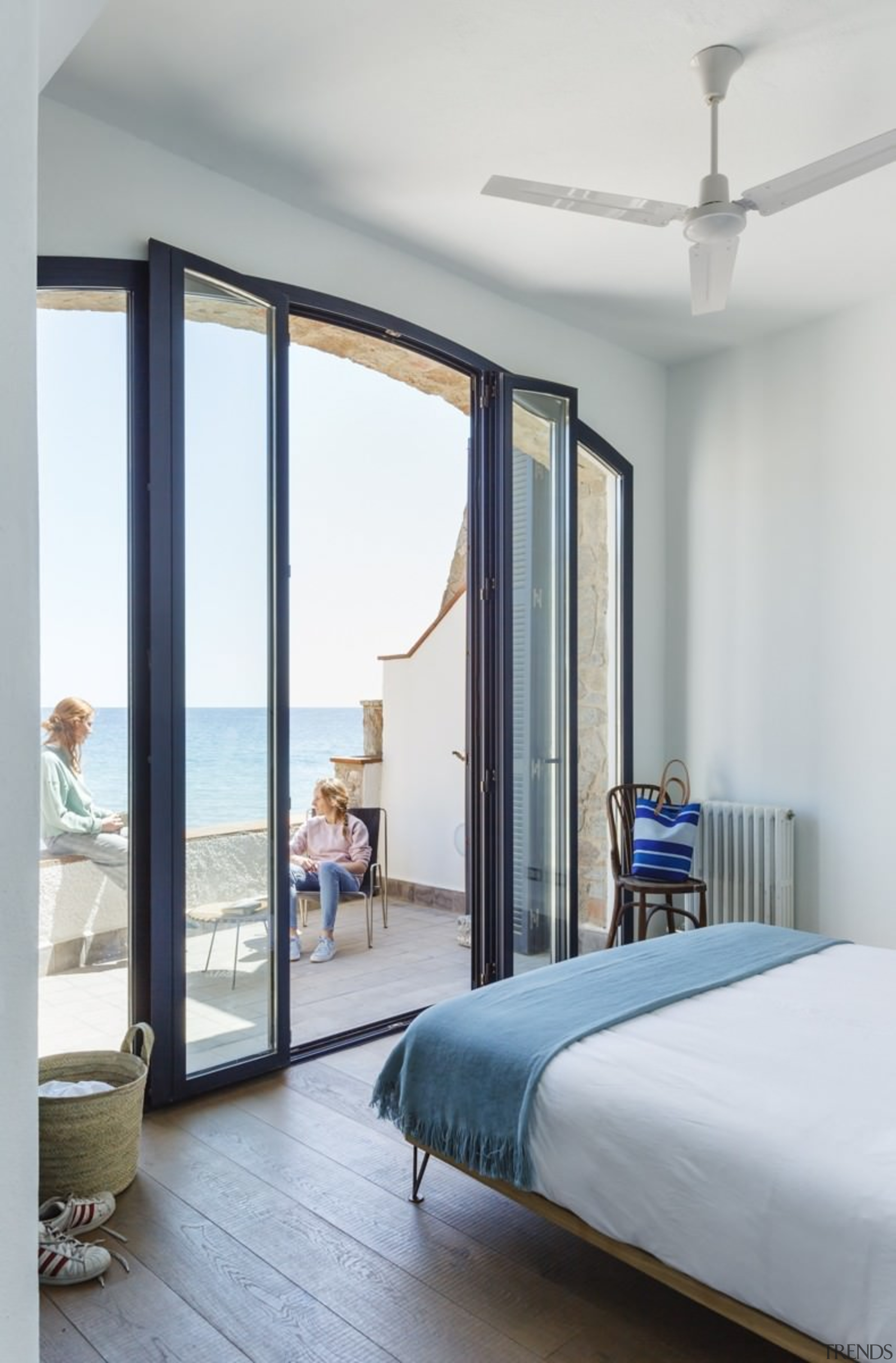 This room faces right out to the sea bedroom, ceiling, door, furniture, home, interior design, real estate, room, suite, window, window covering, white, gray