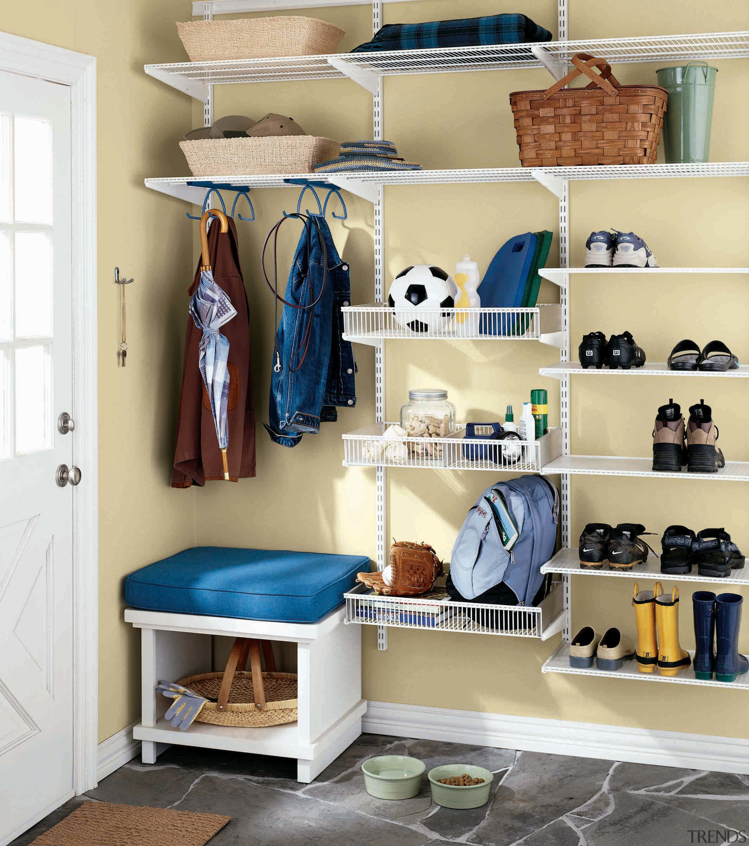 A view of these wardrobe storage shelves and closet, furniture, product, room, shelf, shelving, wardrobe, white