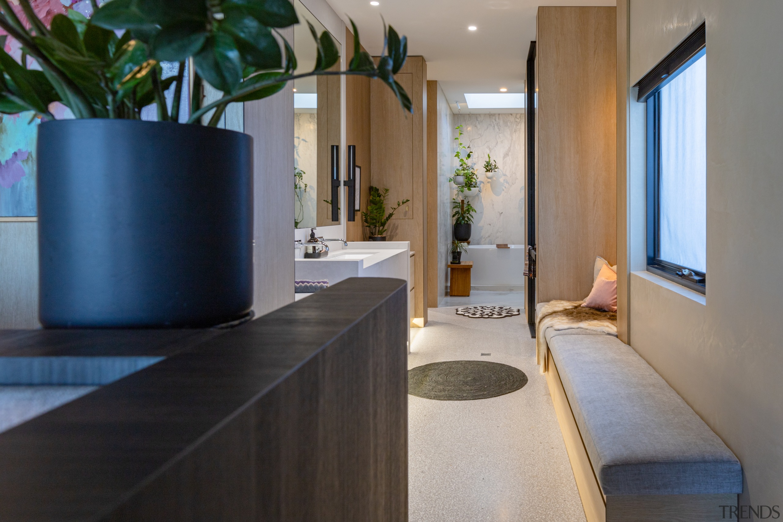 The long, linear master ensuite, with the bedroom's 