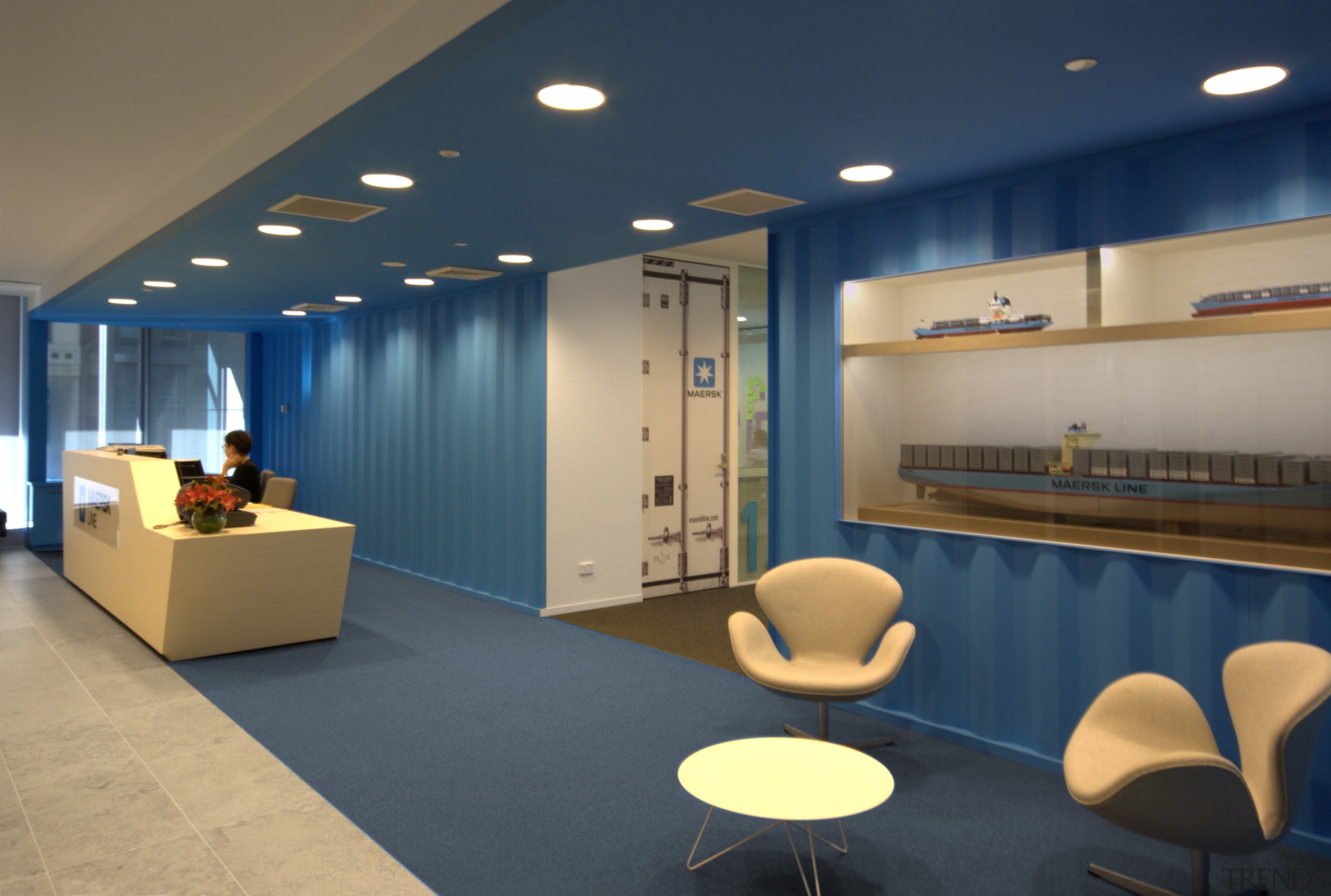 Bold, bright and with several surprise elements, the ceiling, interior design, lobby, office