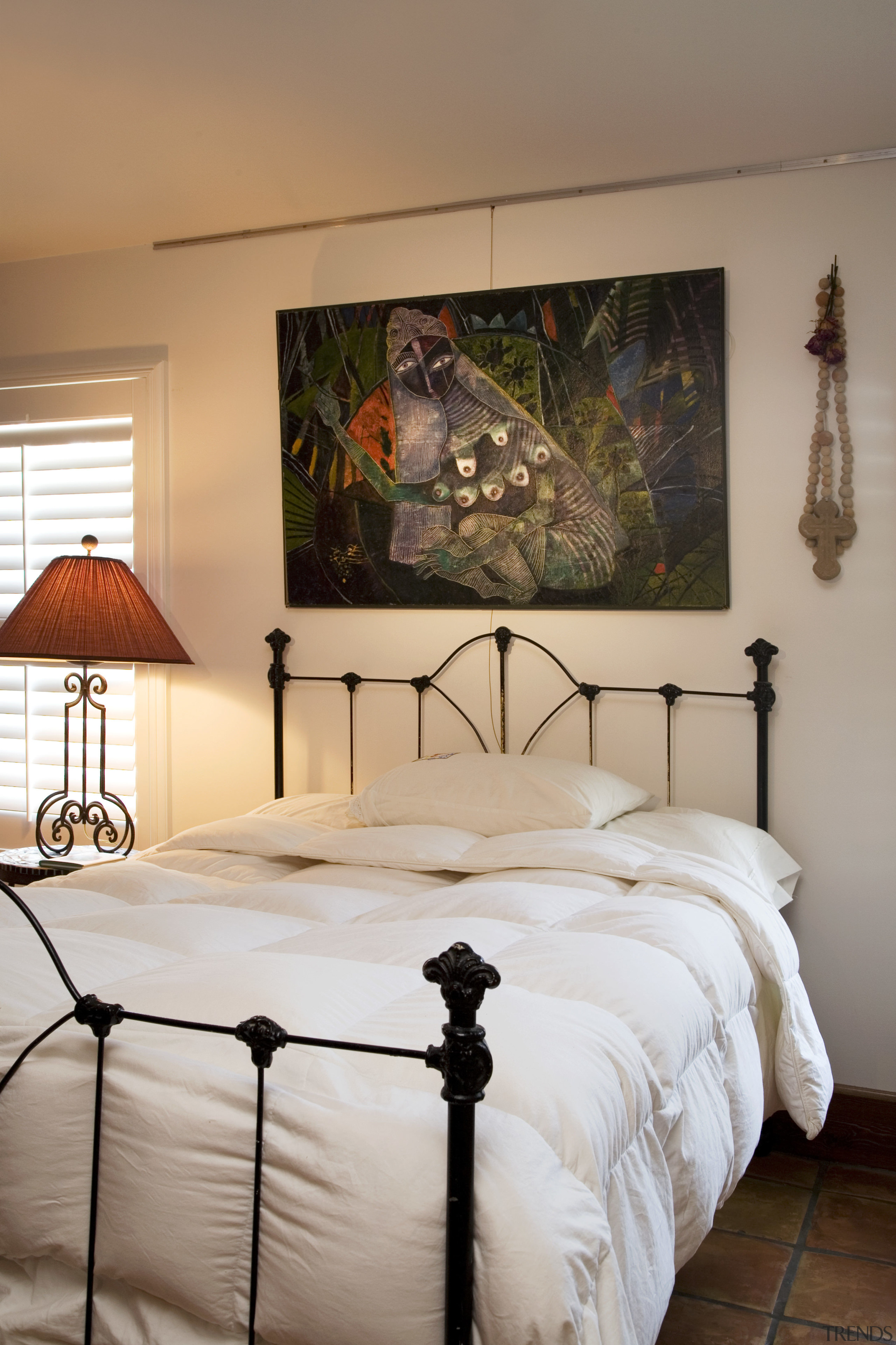 View of the master bedroom with white linen, bed, bed frame, bed sheet, bedroom, ceiling, furniture, home, interior design, room, wall, gray, brown