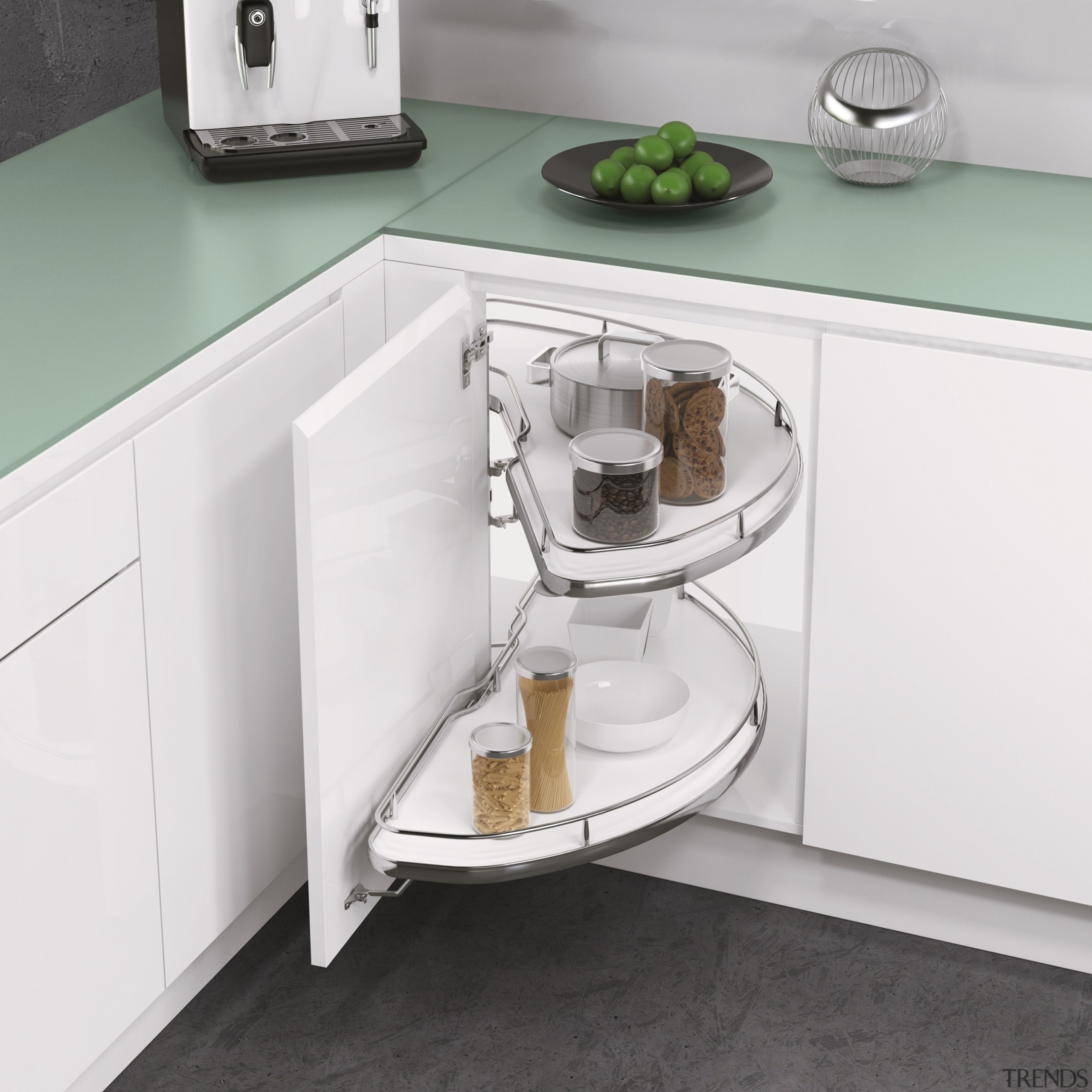 Vauth-Sagel Cornerstone Unit: Opening Motion Sequence 2 of bathroom accessory, bathroom sink, countertop, drawer, furniture, home appliance, kitchen, plumbing fixture, product, product design, shelf, sink, small appliance, table, tap, toilet seat, white, gray