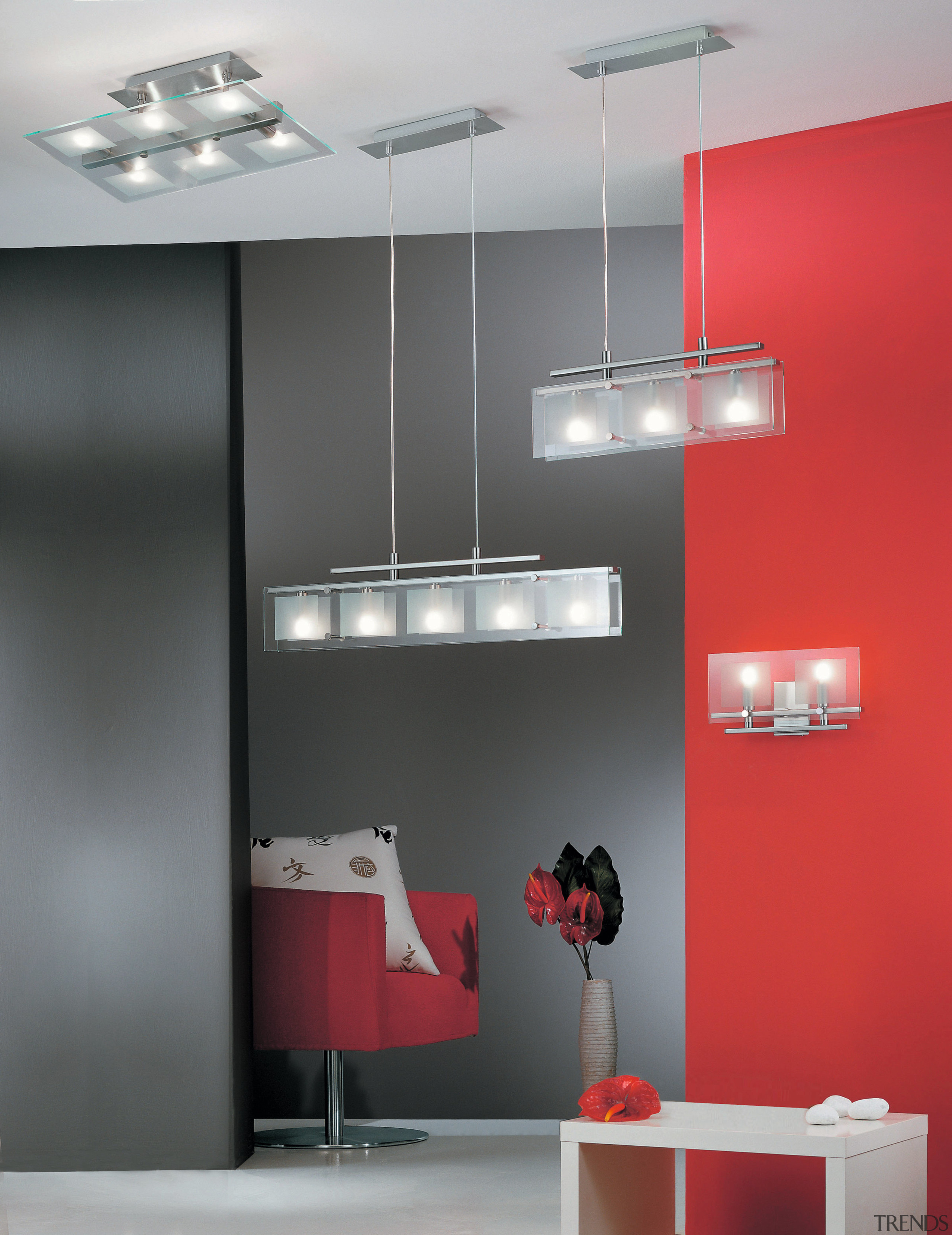 View of this home's lighting - View of bathroom, ceiling, interior design, light fixture, lighting, product design, shelf, shelving, tap, wall, gray