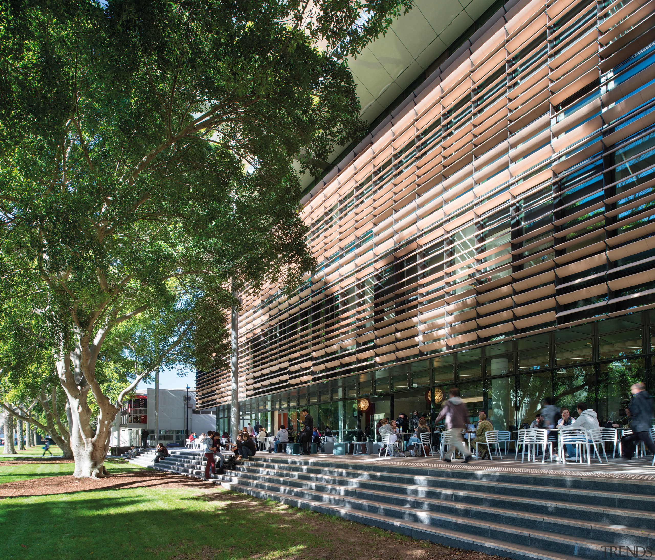 Communal area near entry to Tyree Energy Technologies architecture, building, city, landmark, metropolitan area, mixed use, plaza, structure, tree, urban area, brown