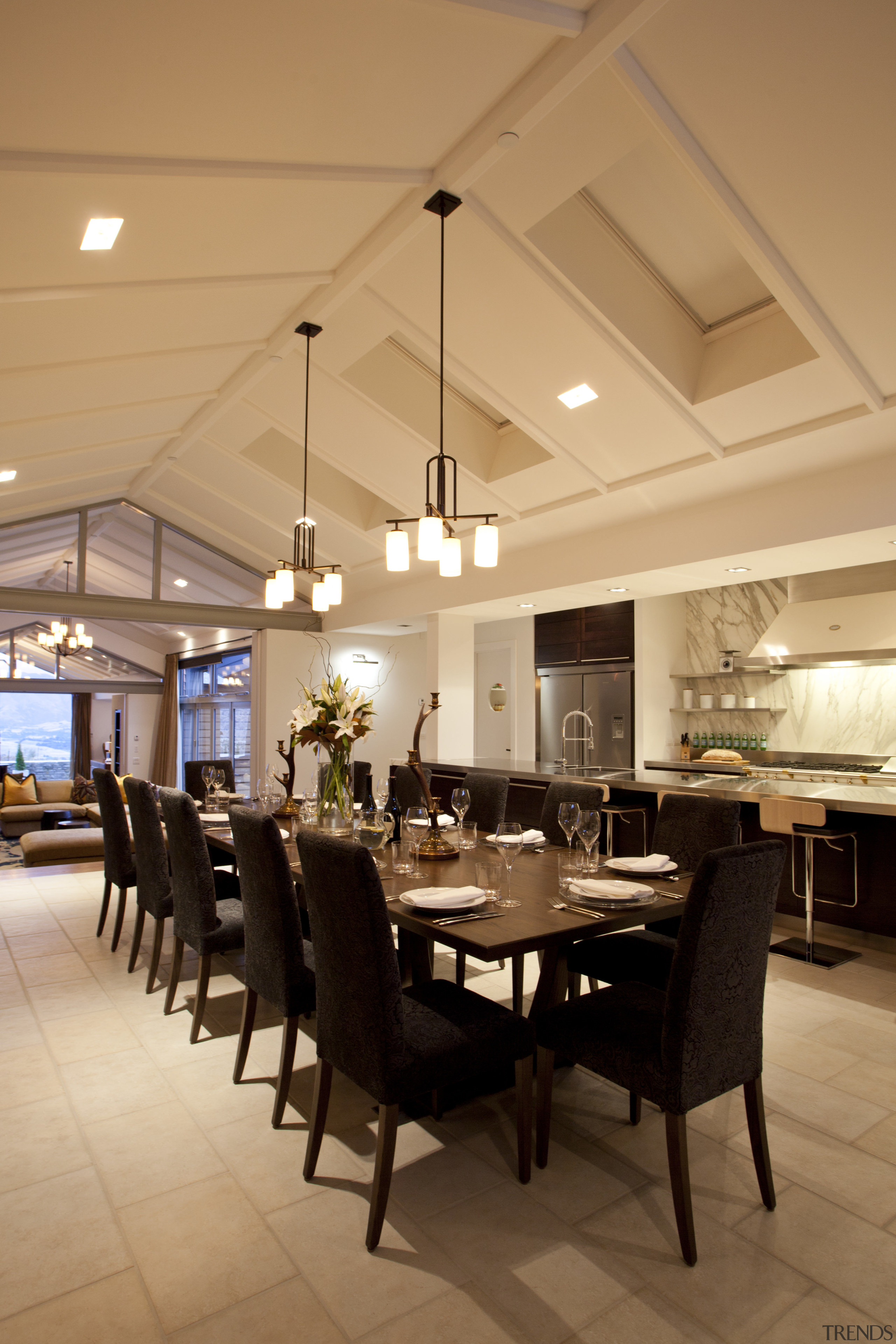 Dining table 12-seater, gabled roof, white walls white ceiling, dining room, furniture, interior design, light fixture, lighting, restaurant, room, table, orange