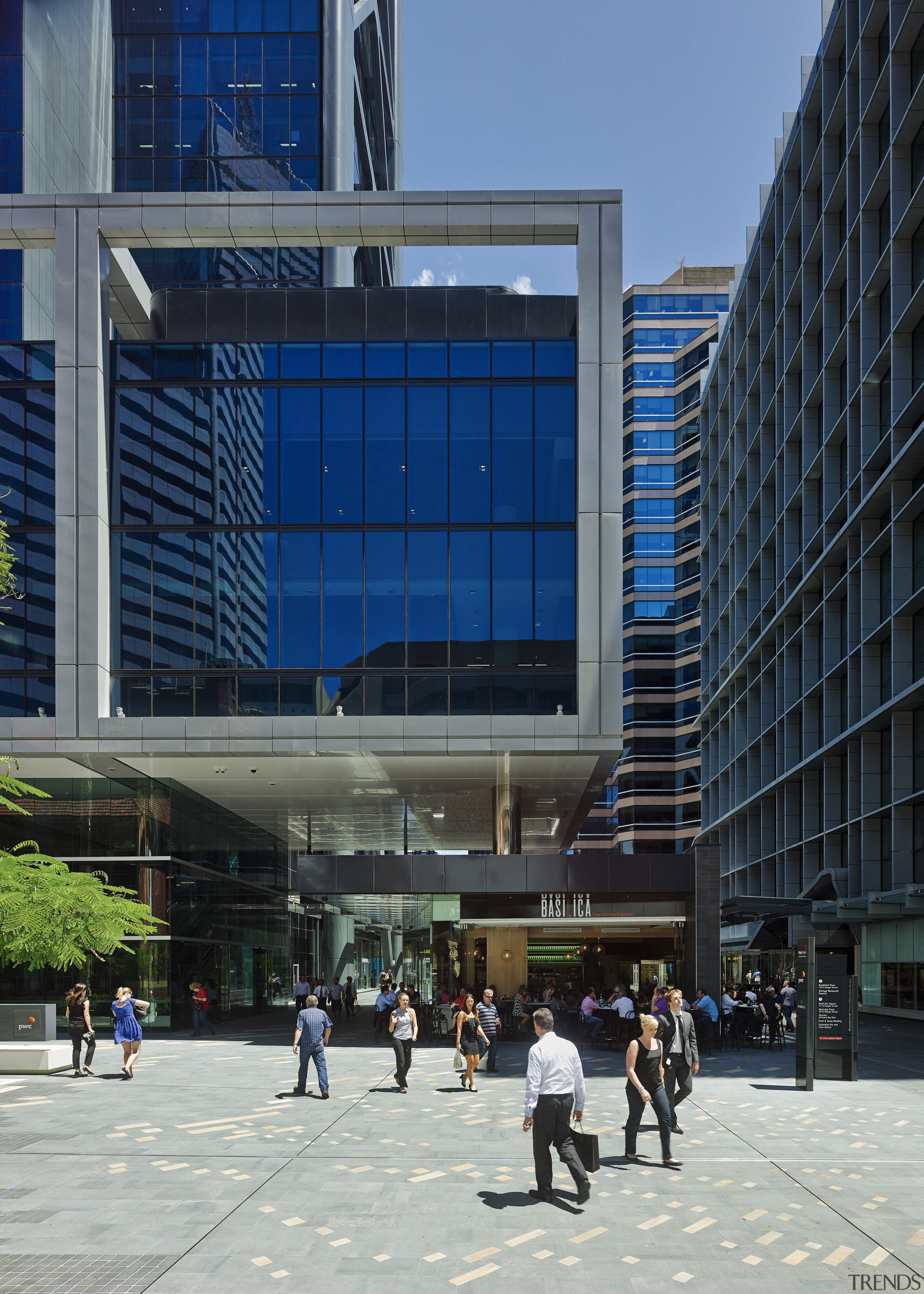 Retail facilities at Brookfield Place in Perth include architecture, building, city, commercial building, condominium, corporate headquarters, daytime, downtown, facade, headquarters, metropolis, metropolitan area, mixed use, neighbourhood, plaza, reflection, sky, skyscraper, tower block, urban area, black, gray