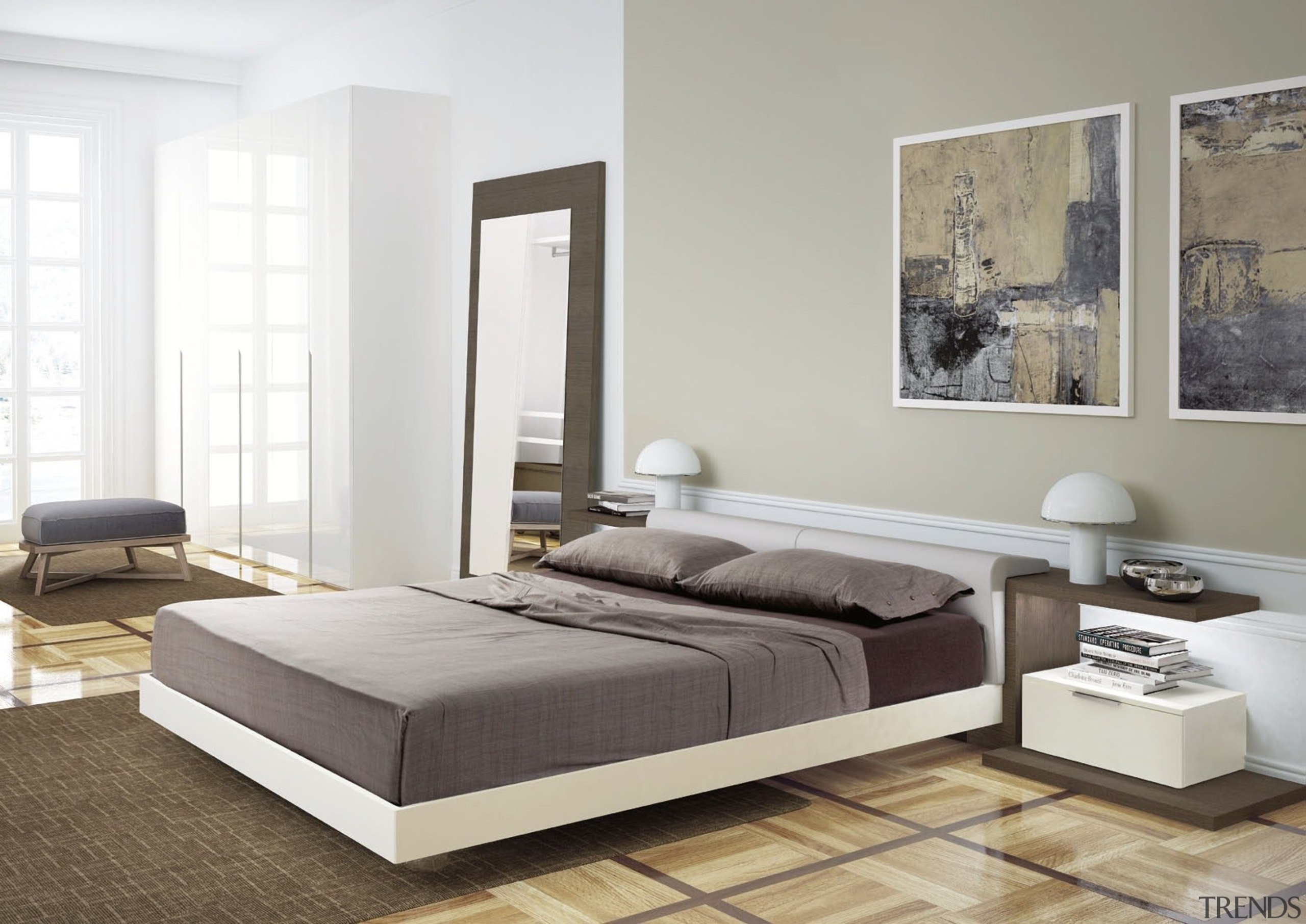 For more information, please visit www.archinteriors.co.nz bed, bed frame, bed sheet, bedroom, couch, floor, furniture, interior design, living room, mattress, sofa bed, white