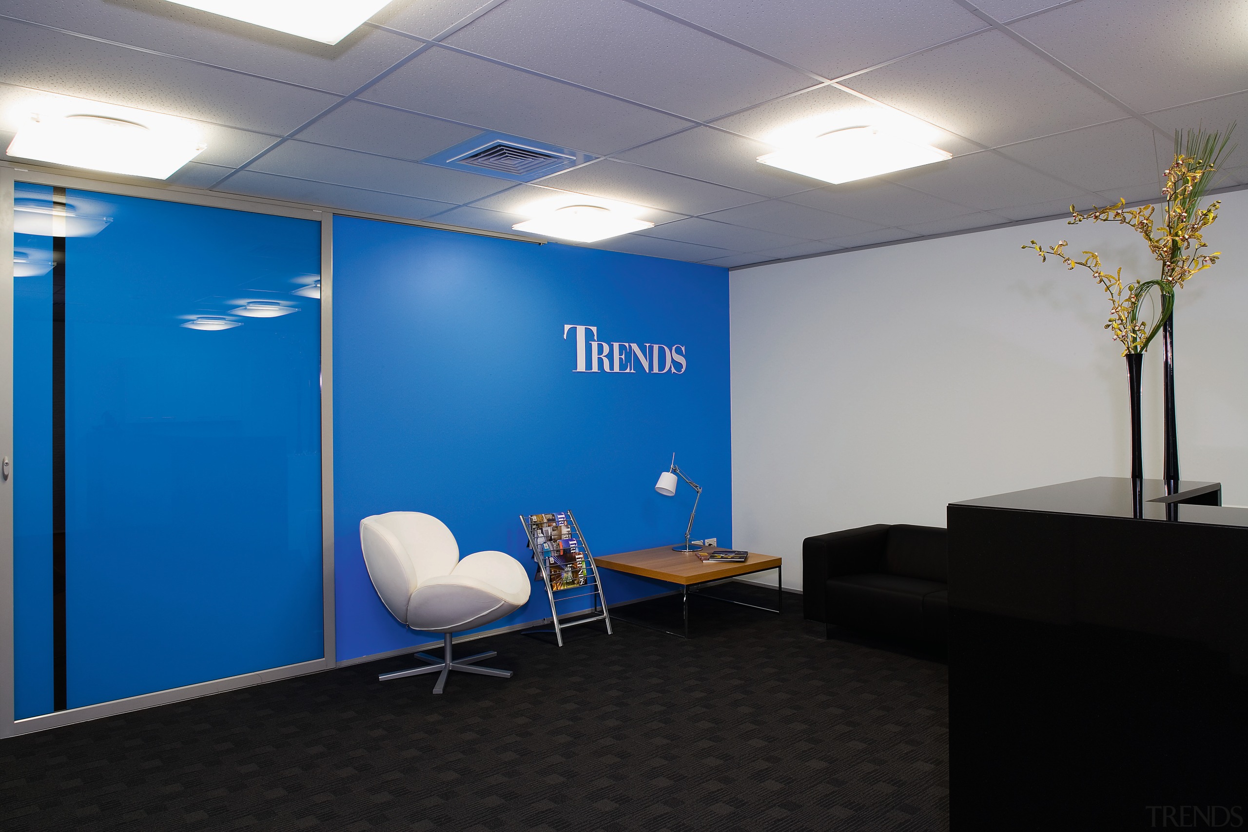 A view of the Trends Building. - A blue, ceiling, conference hall, interior design, office, gray, black