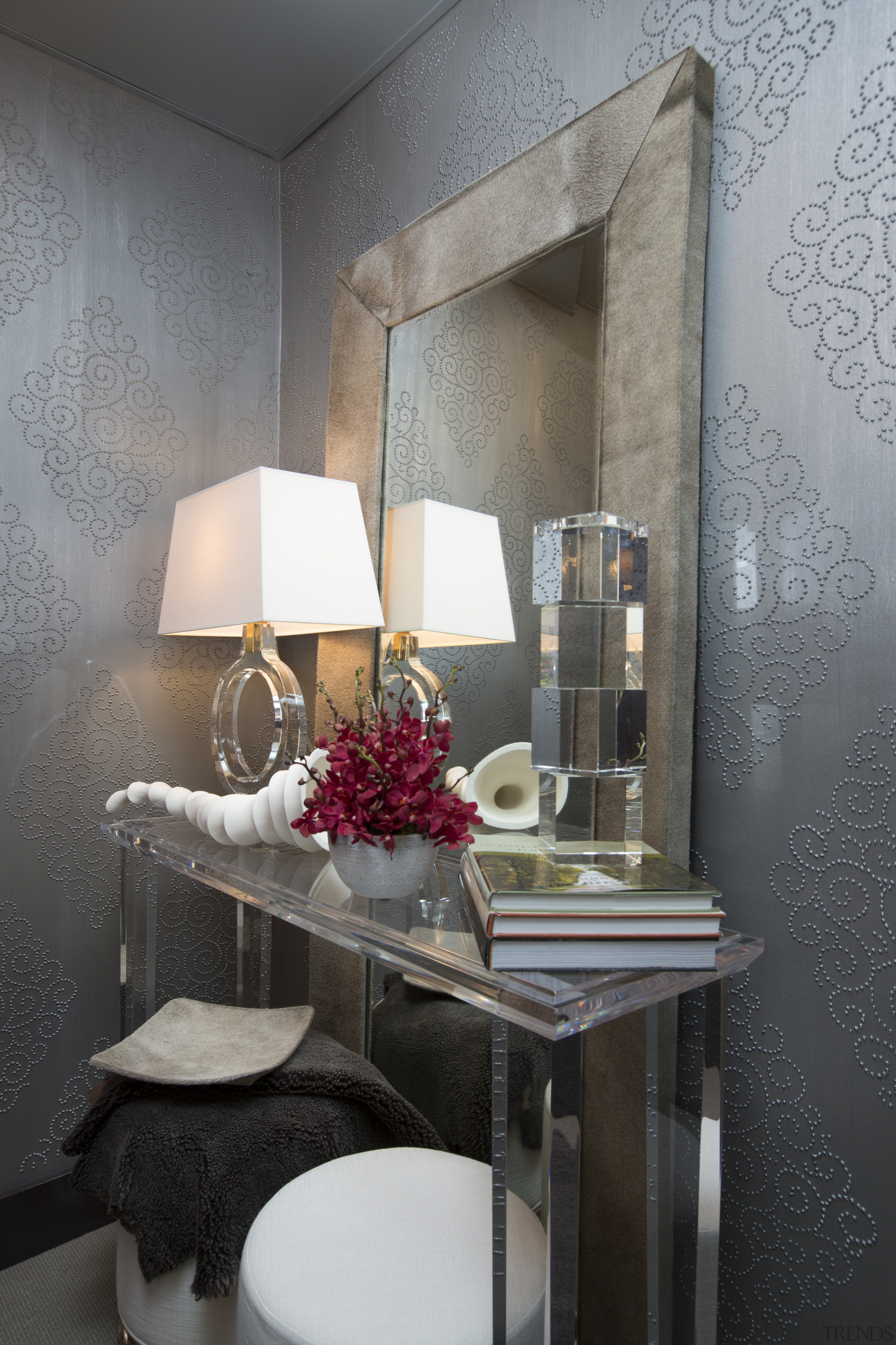 The clear acrylic table in this powder room ceiling, chair, furniture, home, interior design, room, table, wall, window, gray, black