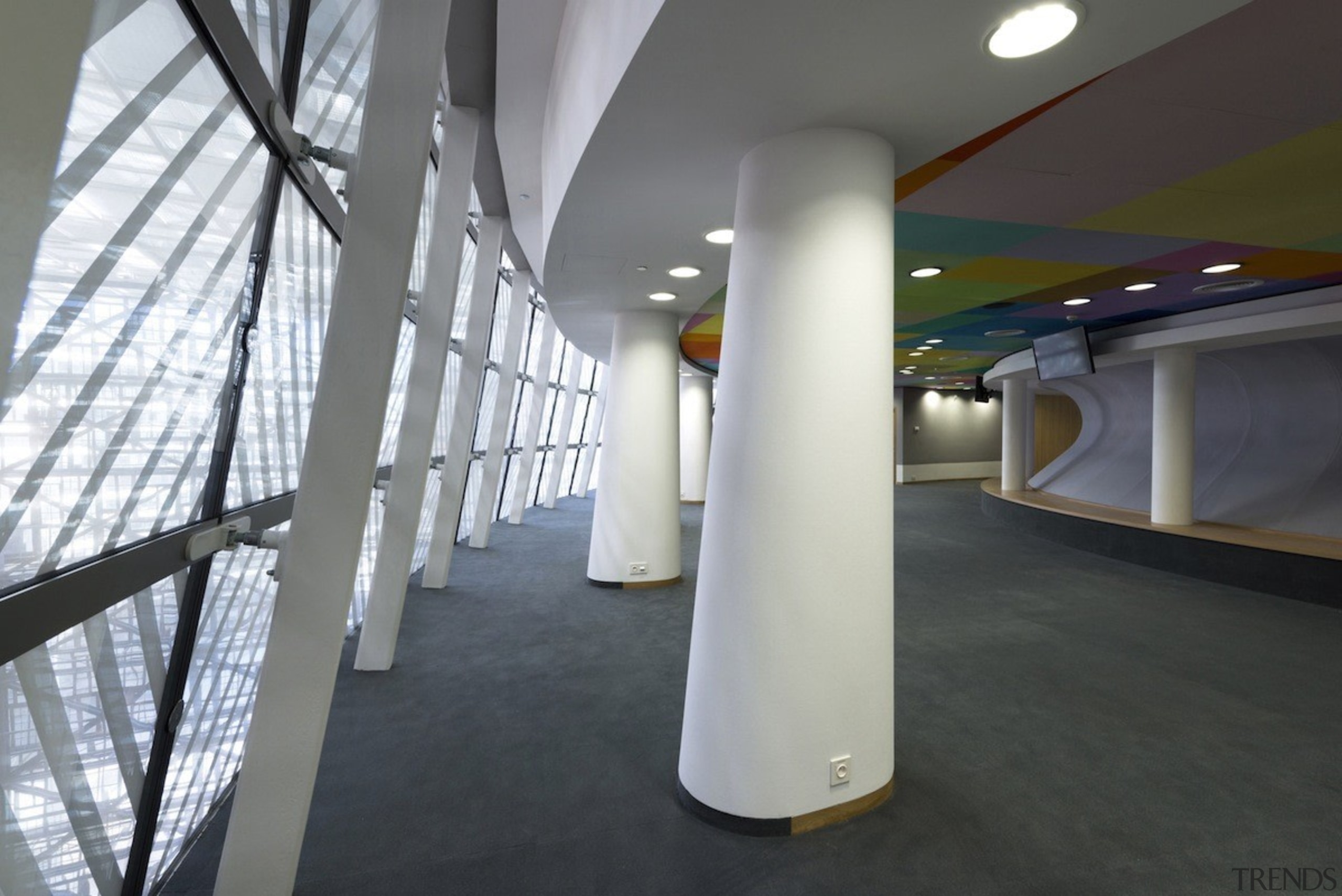 This new headquarters for the European Union Council architecture, ceiling, daylighting, floor, interior design, product design, structure, tourist attraction, gray, black
