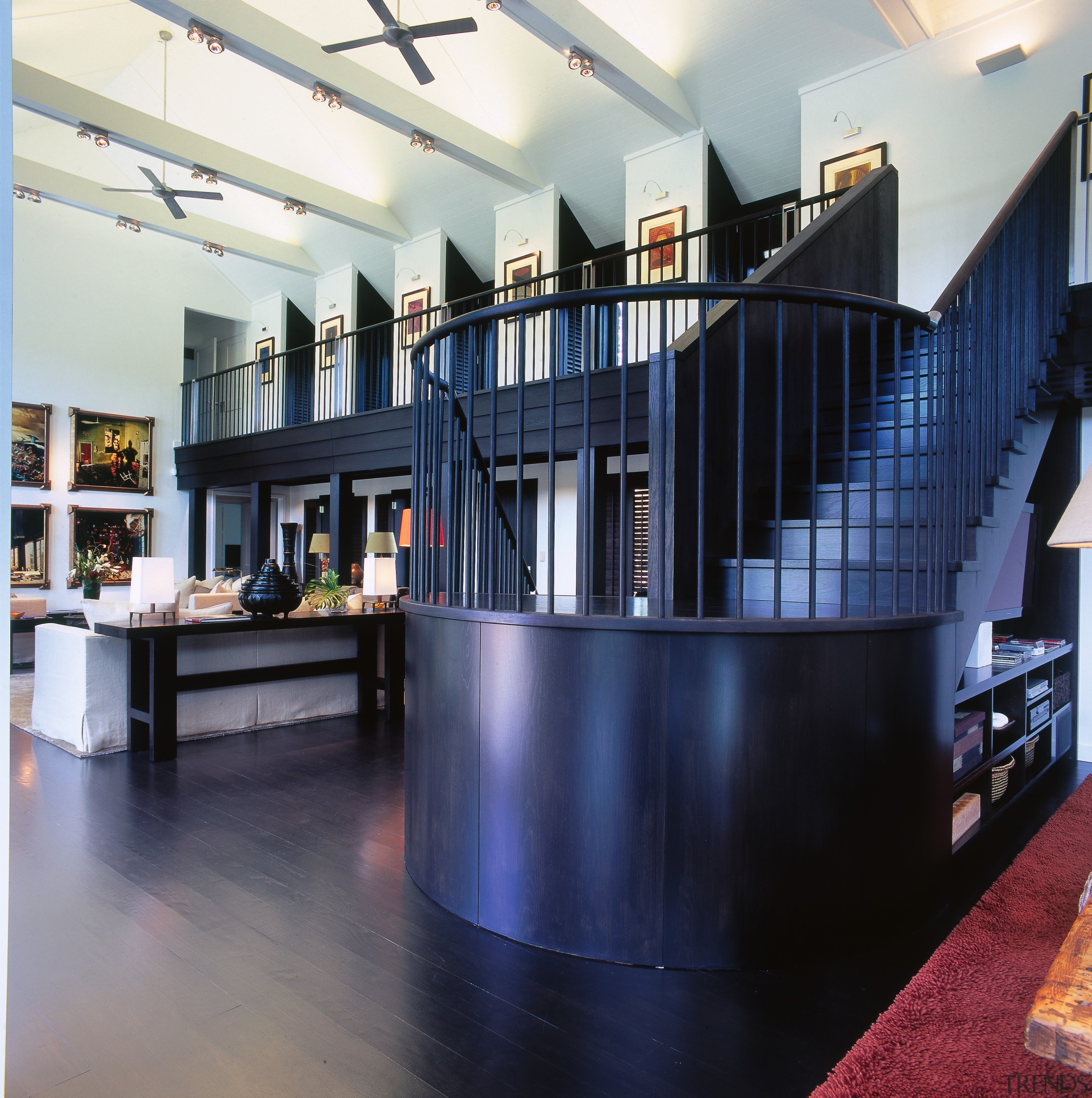 A view of the wooden stairway, wooden flooring, flooring, furniture, interior design, blue