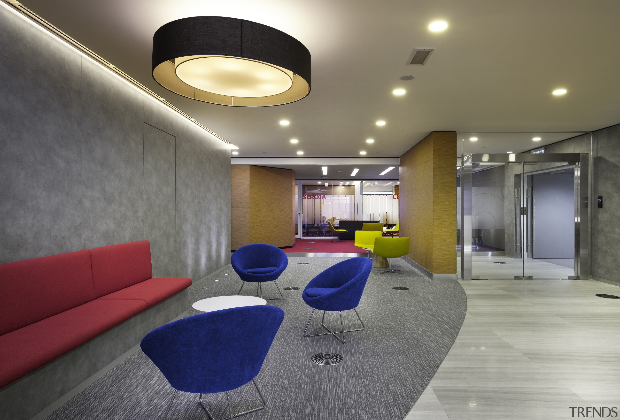 In the fit-out of AMGeneral, the reception and architecture, ceiling, house, interior design, lobby, office, real estate, gray