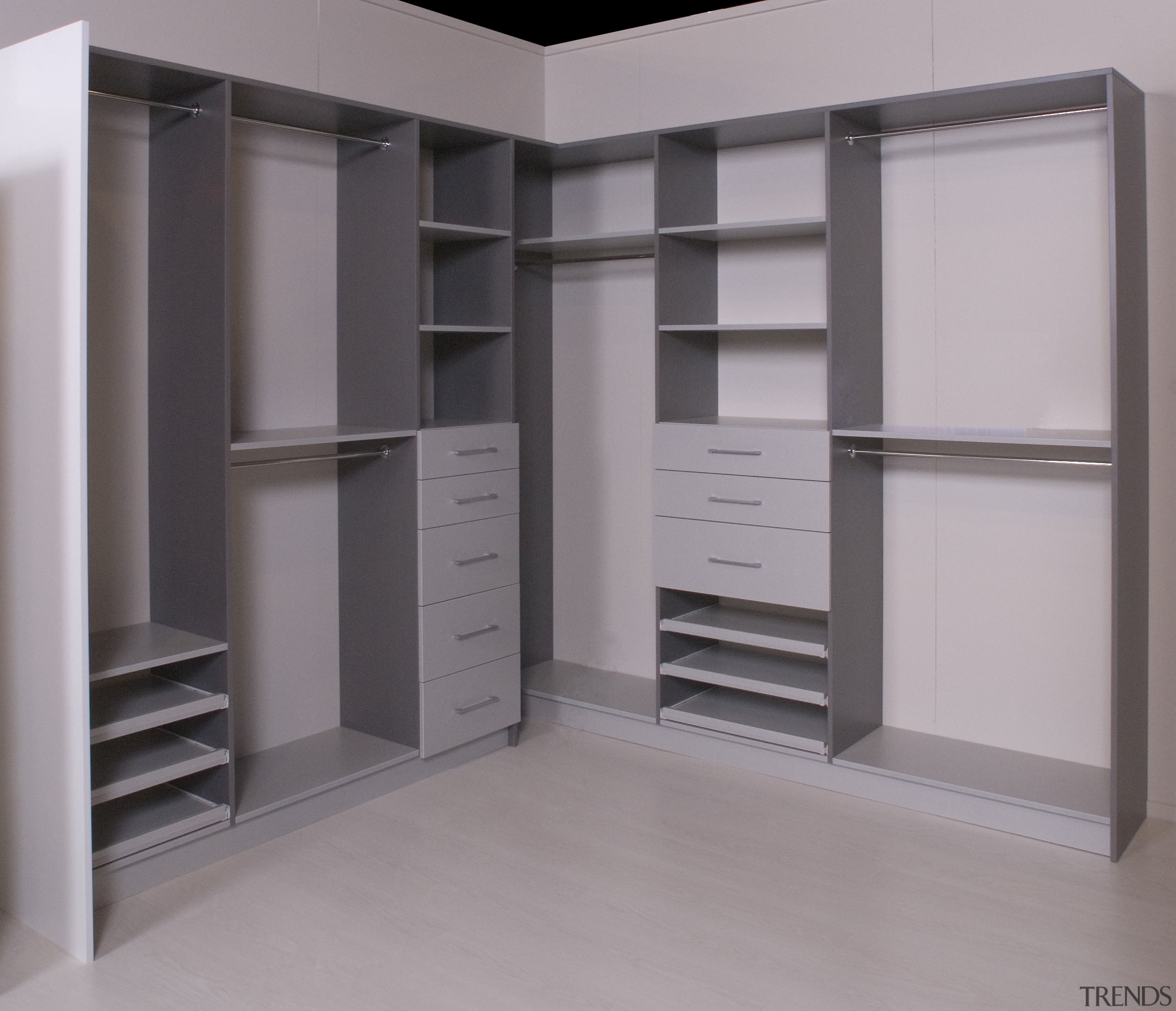 A view of these custom wardrobes manufactured and cabinetry, closet, cupboard, furniture, product design, room, shelving, wardrobe, gray