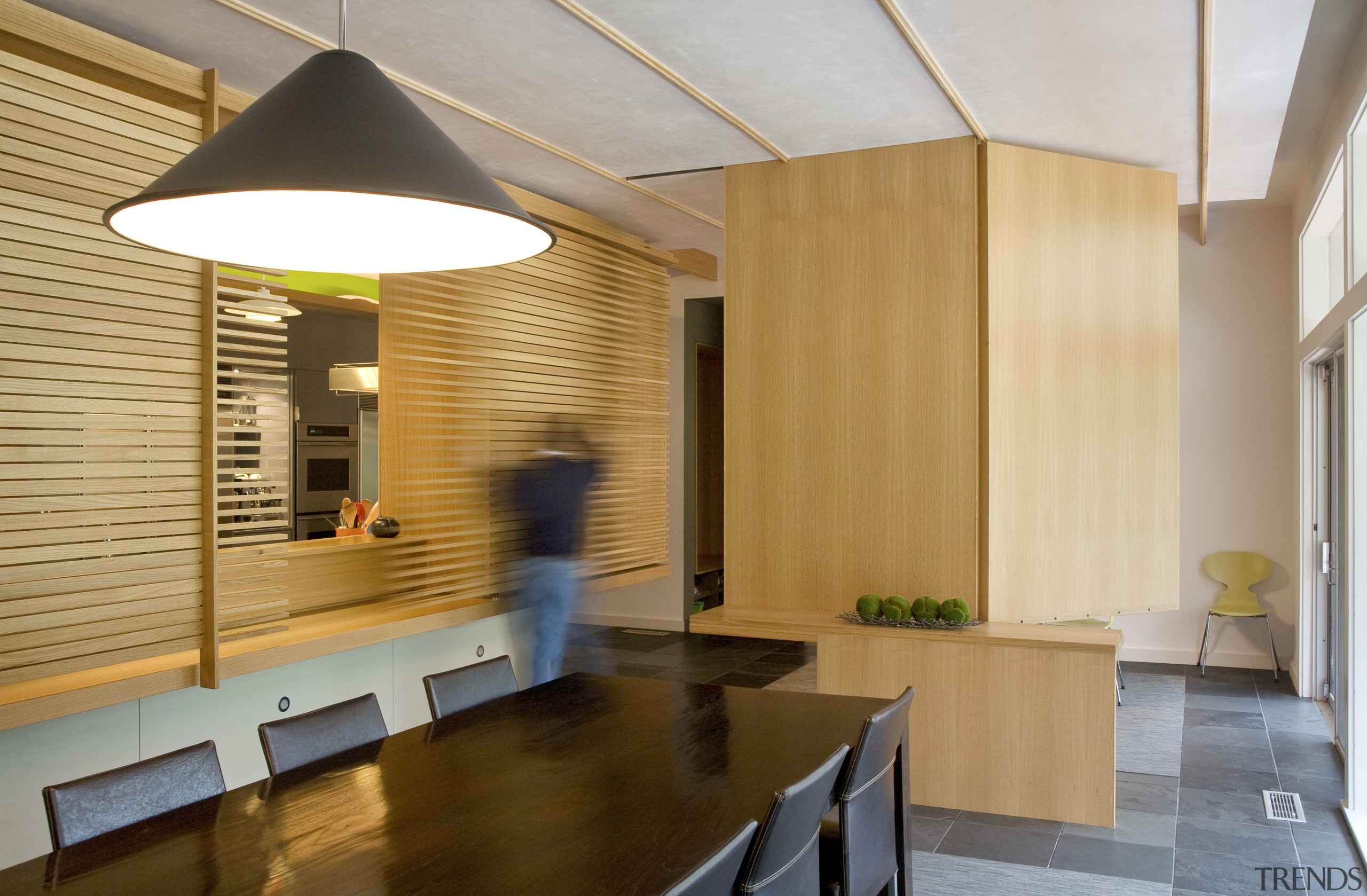 View of modernist style kitchen with wooden cabinetry architecture, ceiling, daylighting, floor, hardwood, house, interior design, lobby, loft, real estate, wood, wood flooring, orange, gray, brown