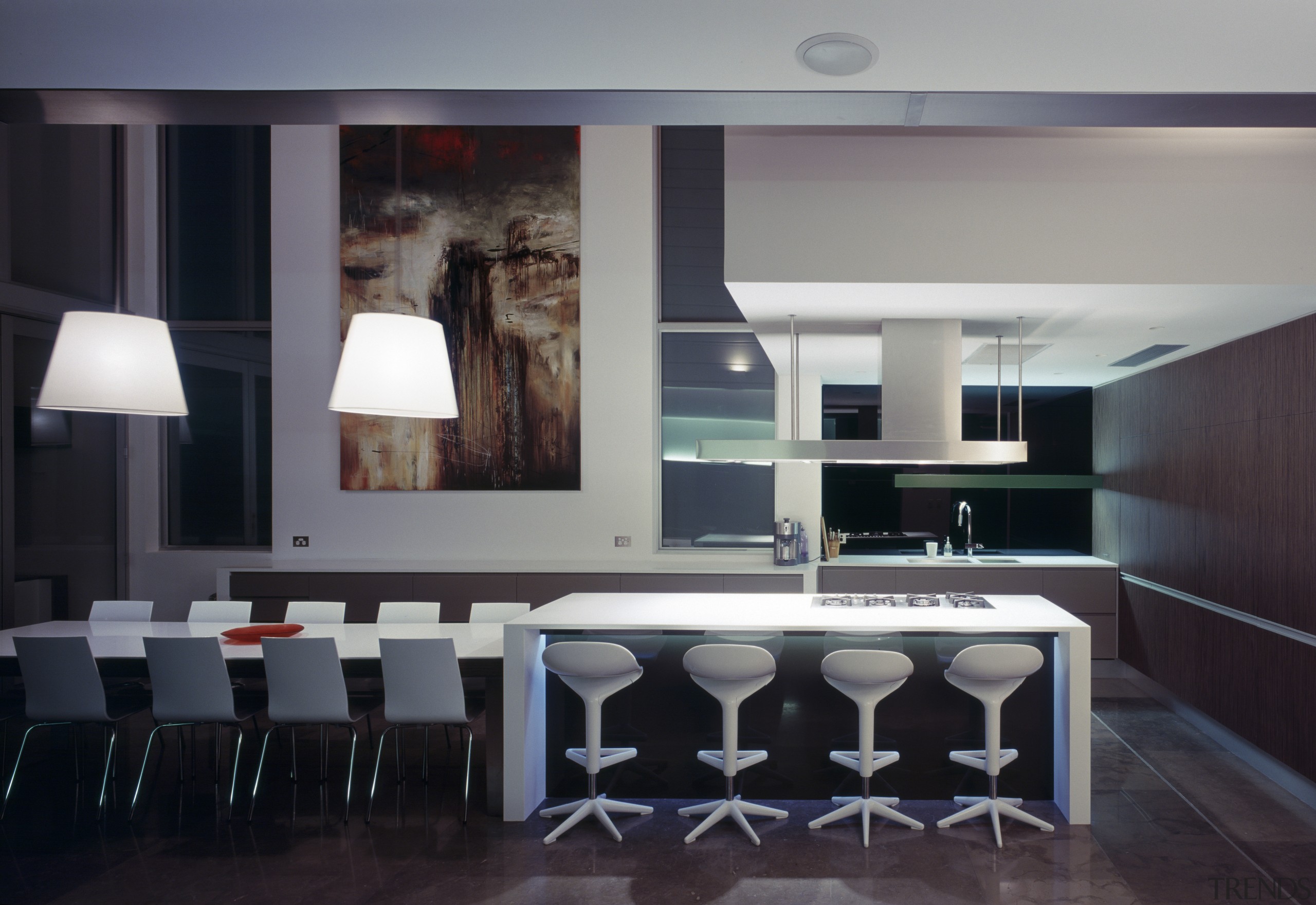 The strong horizontal lines of this kitchen enhance interior design, room, black, gray