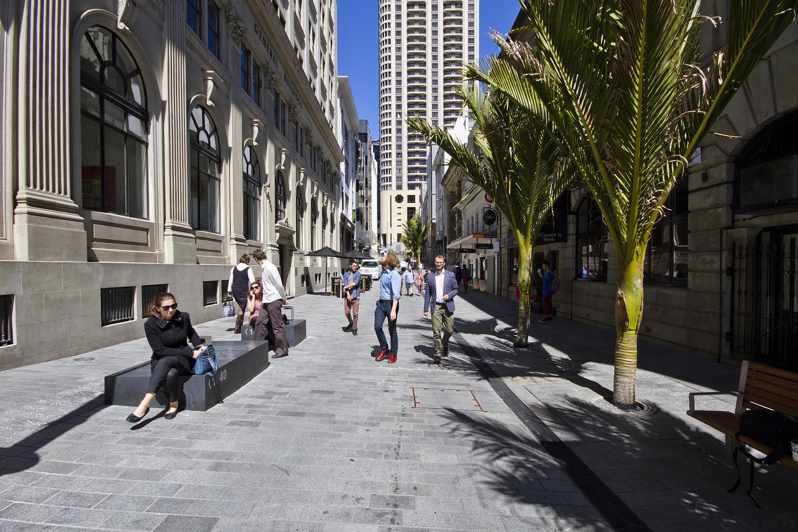 The OConnell Street shared space in the Auckland alley, asphalt, city, downtown, infrastructure, lane, neighbourhood, pedestrian, road, sidewalk, street, town, urban area, black, gray