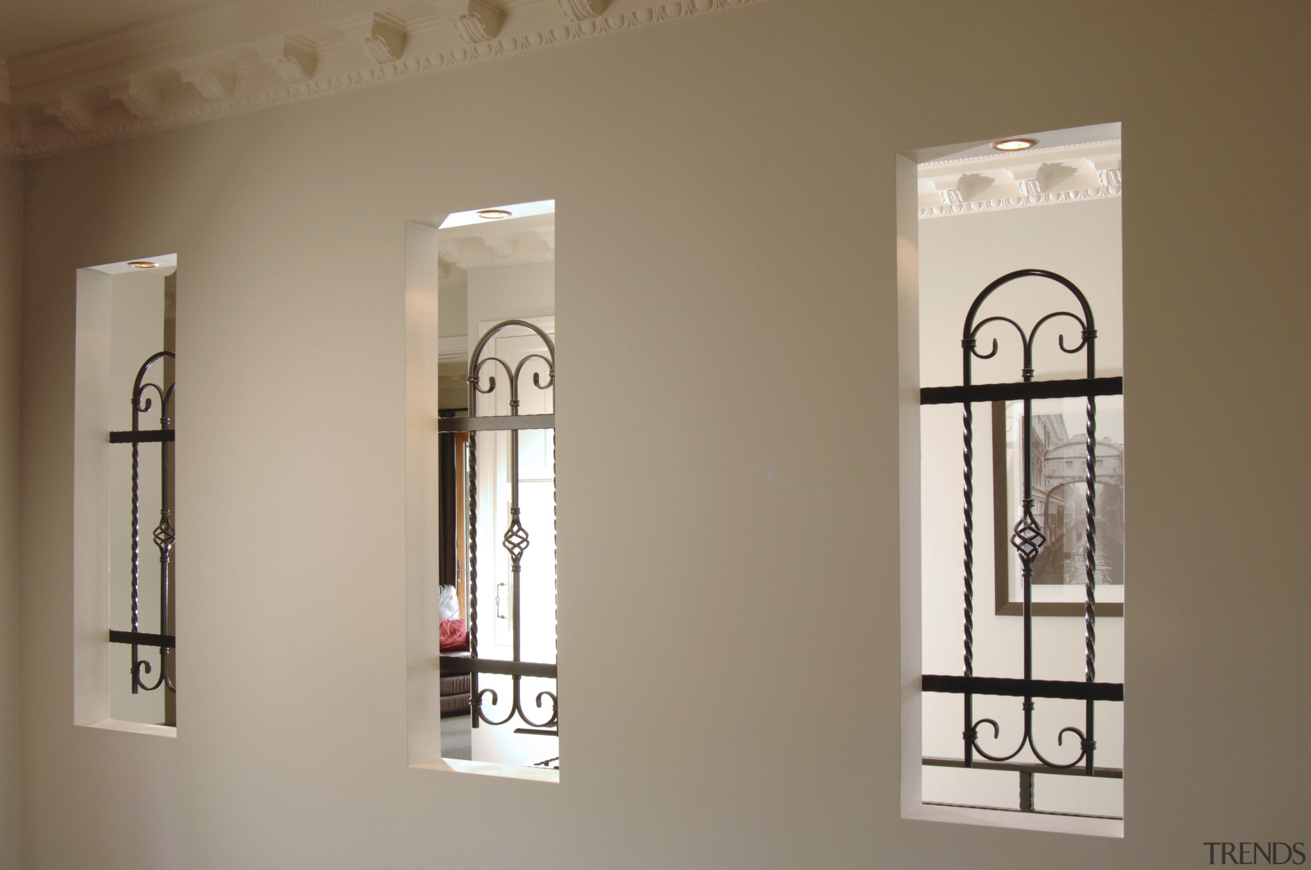 A view of a home designed by MF home, light fixture, wall, window, brown, gray