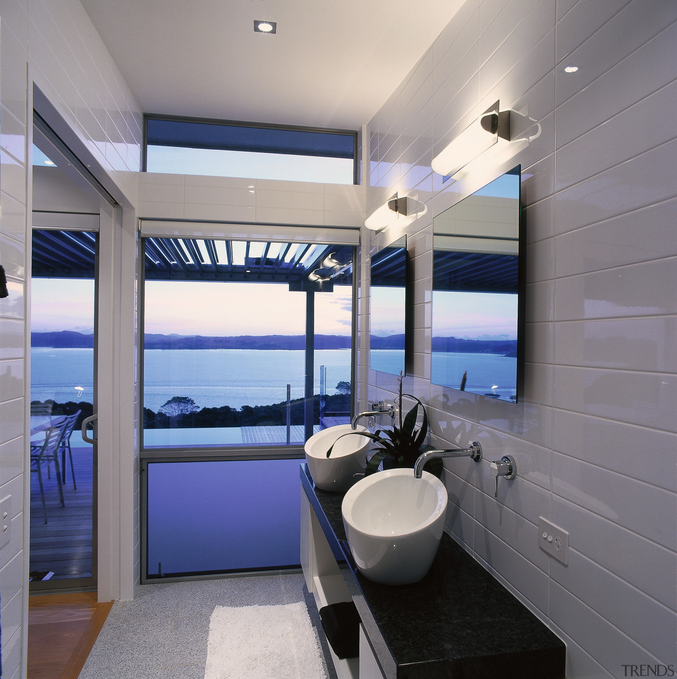 The view of a vanity unit and basins architecture, bathroom, ceiling, interior design, real estate, window, gray