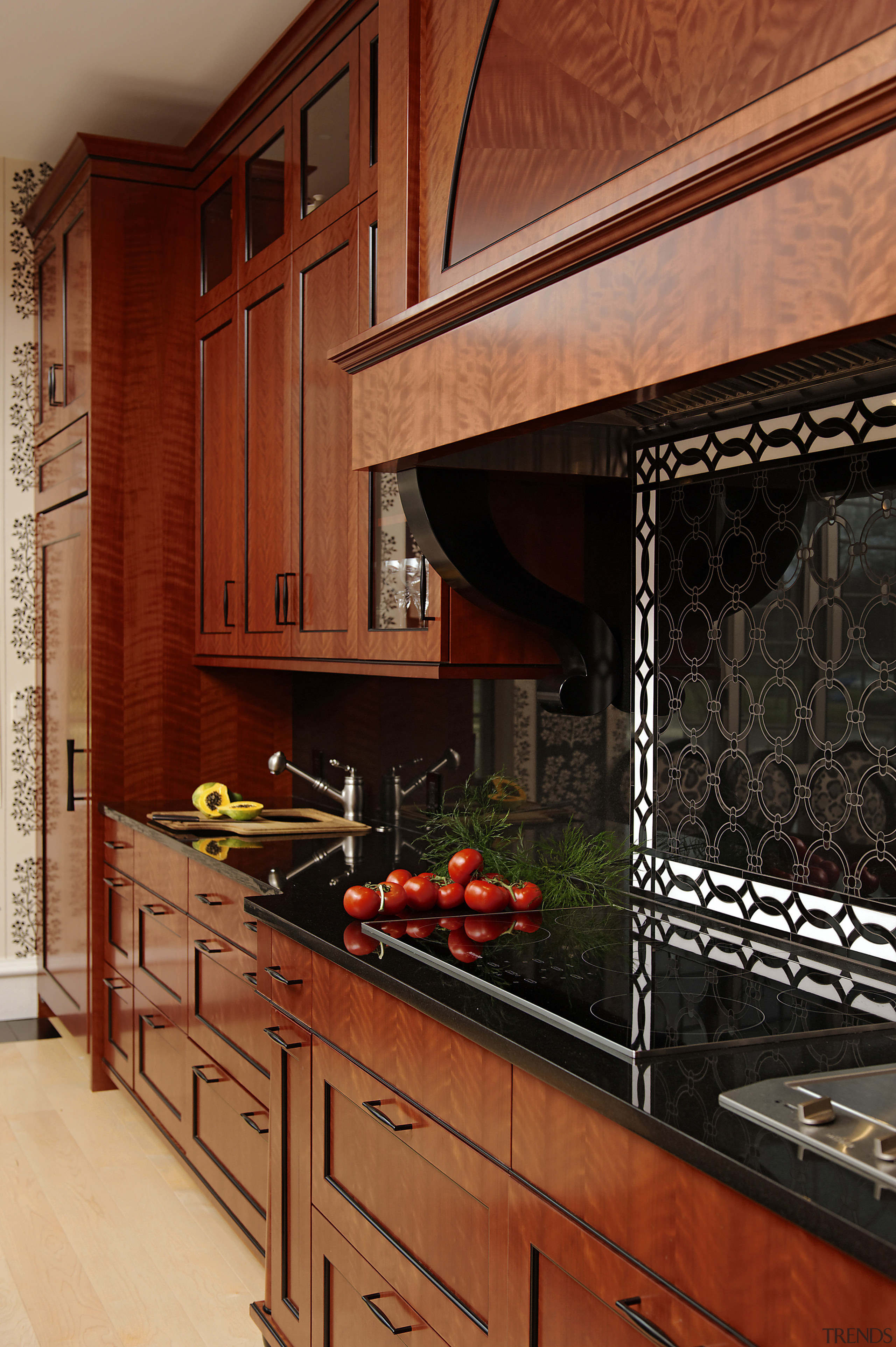 Perimeter counters in black granite complement the red cabinetry, countertop, cuisine classique, home, interior design, kitchen, room, under cabinet lighting, red