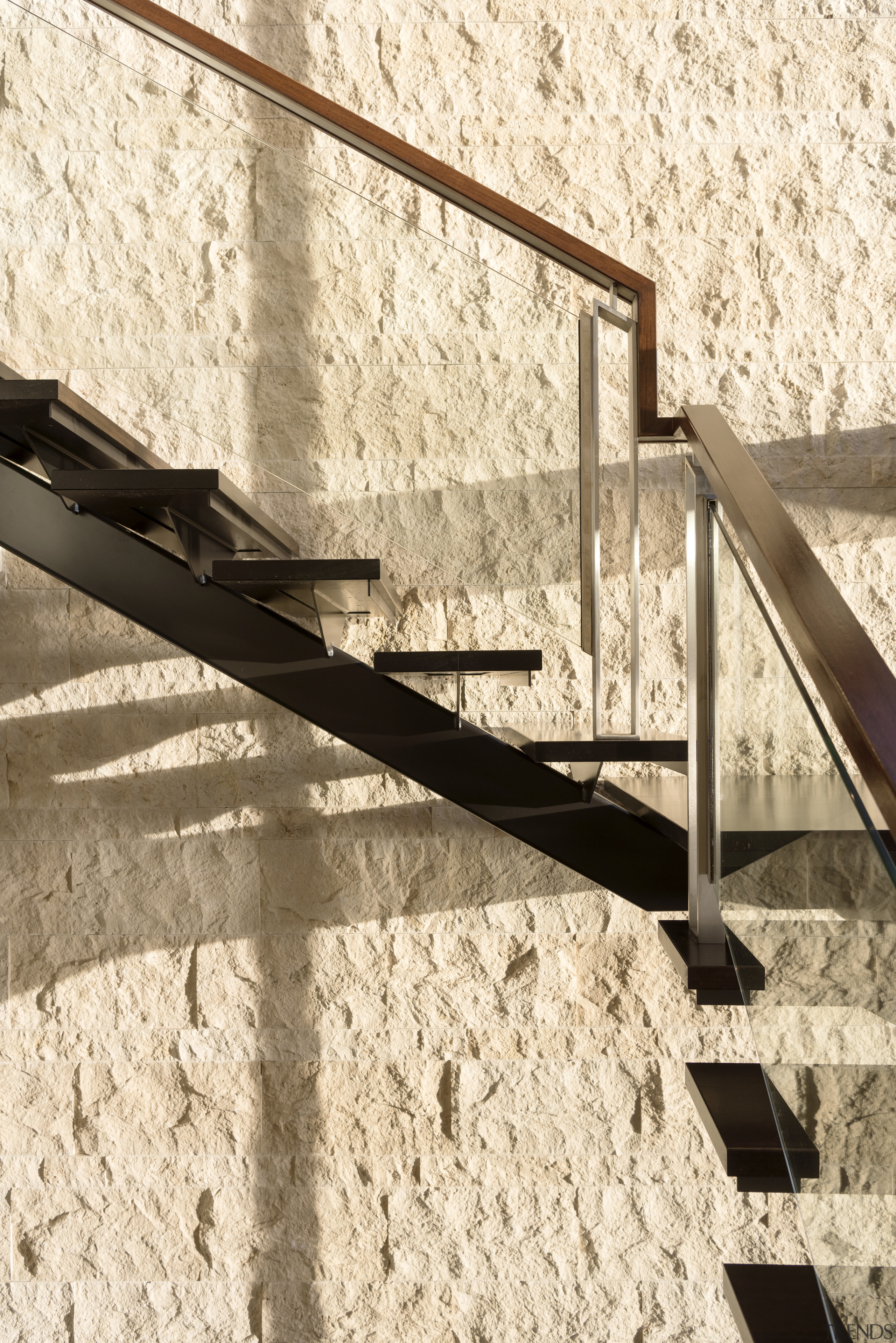 Timber treads against a travertine wall backdrop form line, wall, wood, orange